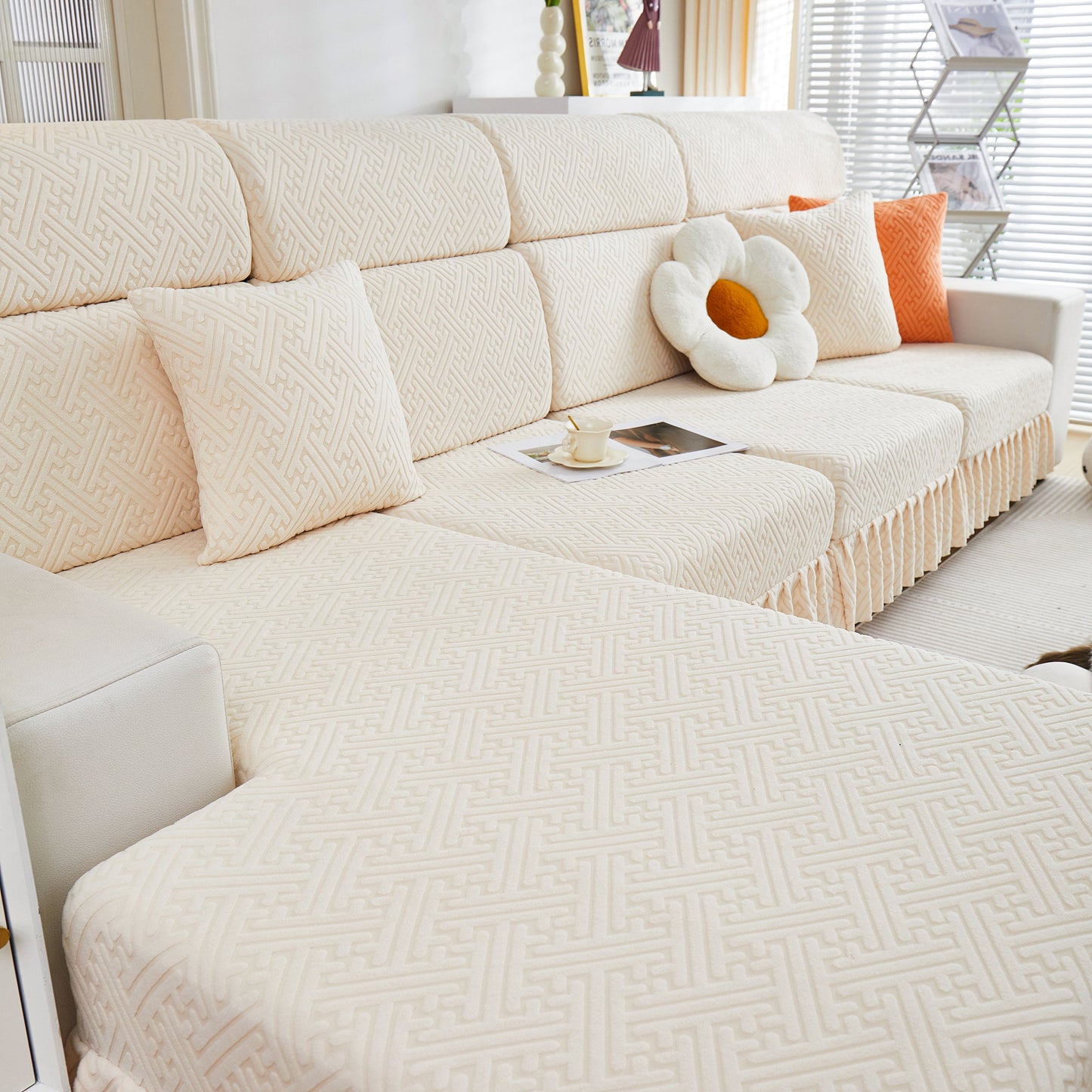 Stretch Sofa Covers with Skirt for Couch Seat and Cushion, Chaise, Sectional, 1/2/3/4 Seater Sofas displayed in a living room