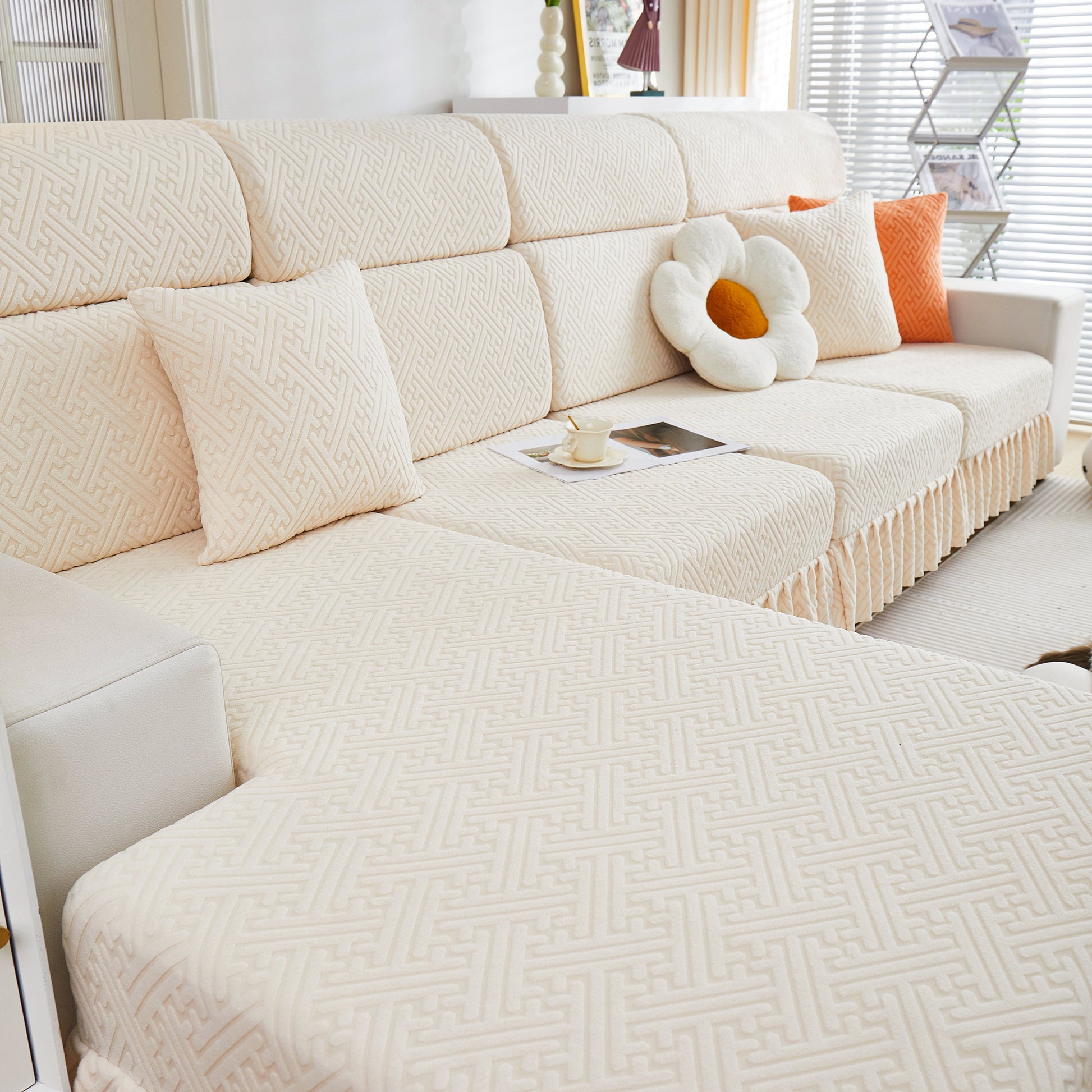 Stretch Sofa Covers with Skirt for Couch Seat and Cushion, Chaise, Sectional, 1/2/3/4 Seater Sofas displayed in a living room