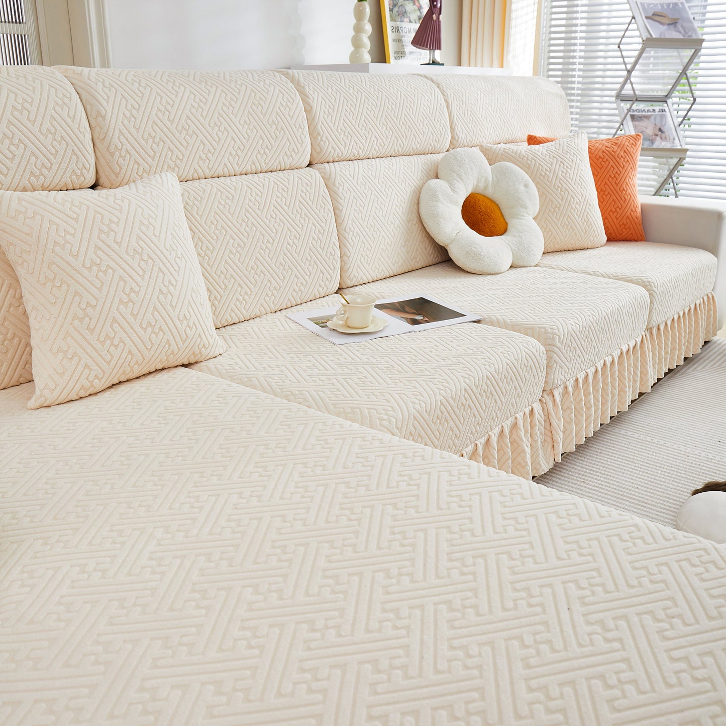 Living room featuring Stretch Sofa Covers with Skirt for Couch Seat and Cushion, Chaise, Sectional, 1/2/3/4 Seater Sofas in beige.
