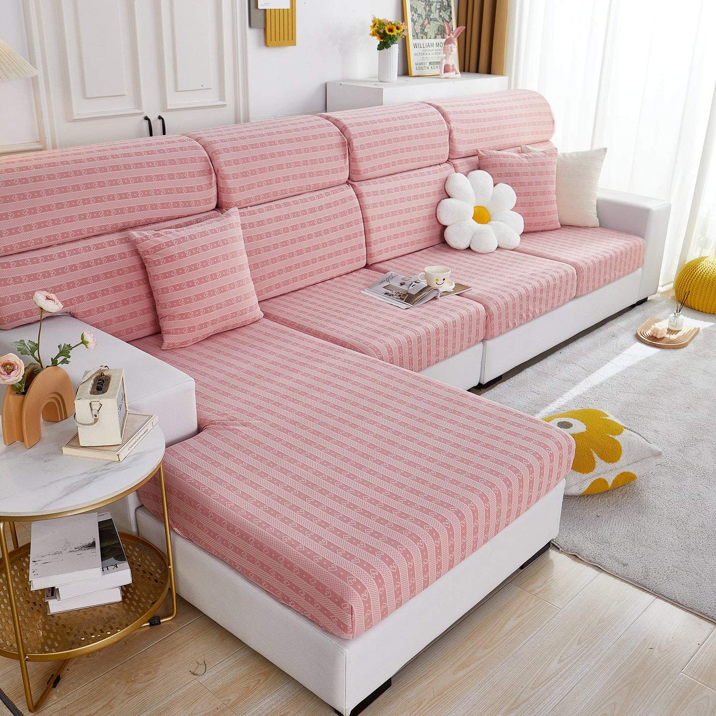 Love Stripe Jacquard Fleece Fabric Stretch Cushion Cover, Non-Slip Furniture Protector for Kids, Couch Cushion Covers