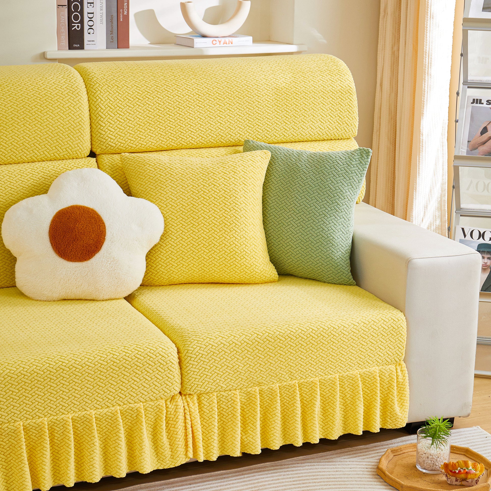 Tailored Sofa Cushion Covers Stretch Couch Seat Covers with Skirt for Sectional Sofas in yellow fabric with decorative pillows
