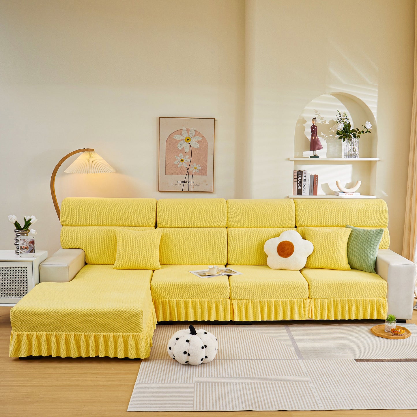 Tailored Sofa Cushion Covers Stretch Couch Seat Covers with Skirt for Sectional Sofas in elegant living room setting