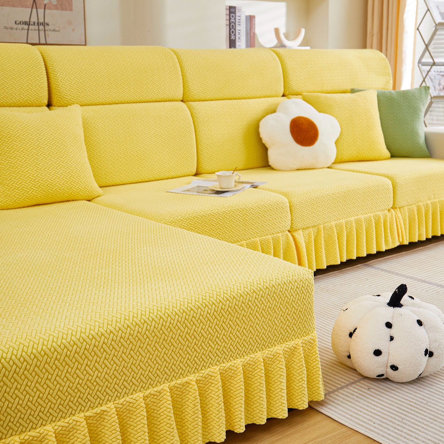 Tailored Sofa Cushion Covers Stretch Couch Seat Covers with Skirt for Sectional Sofas, yellow fabric in living room setting