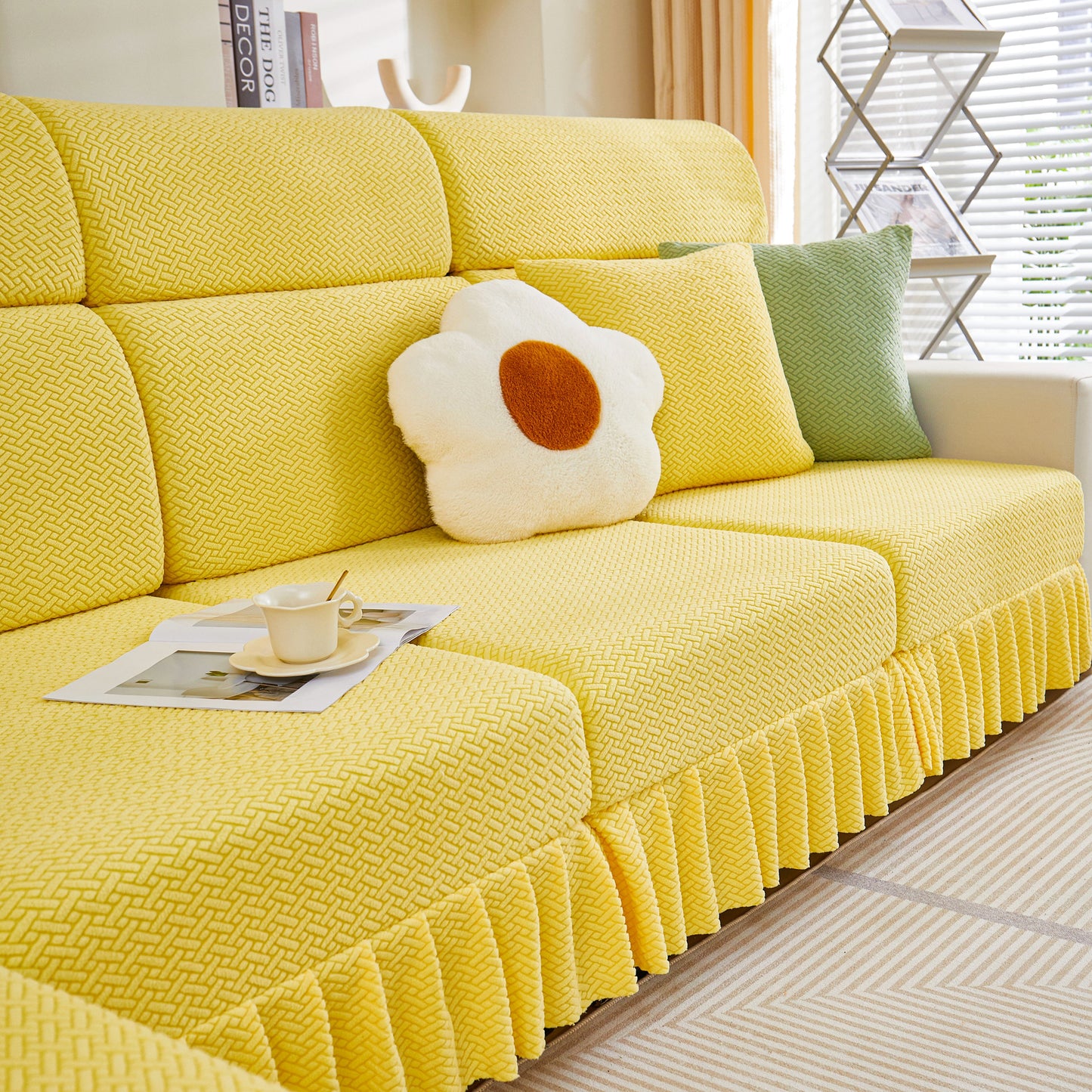 Tailored Sofa Cushion Covers Stretch Couch Seat Covers with Skirt for Sectional Sofas in elegant yellow fabric design.