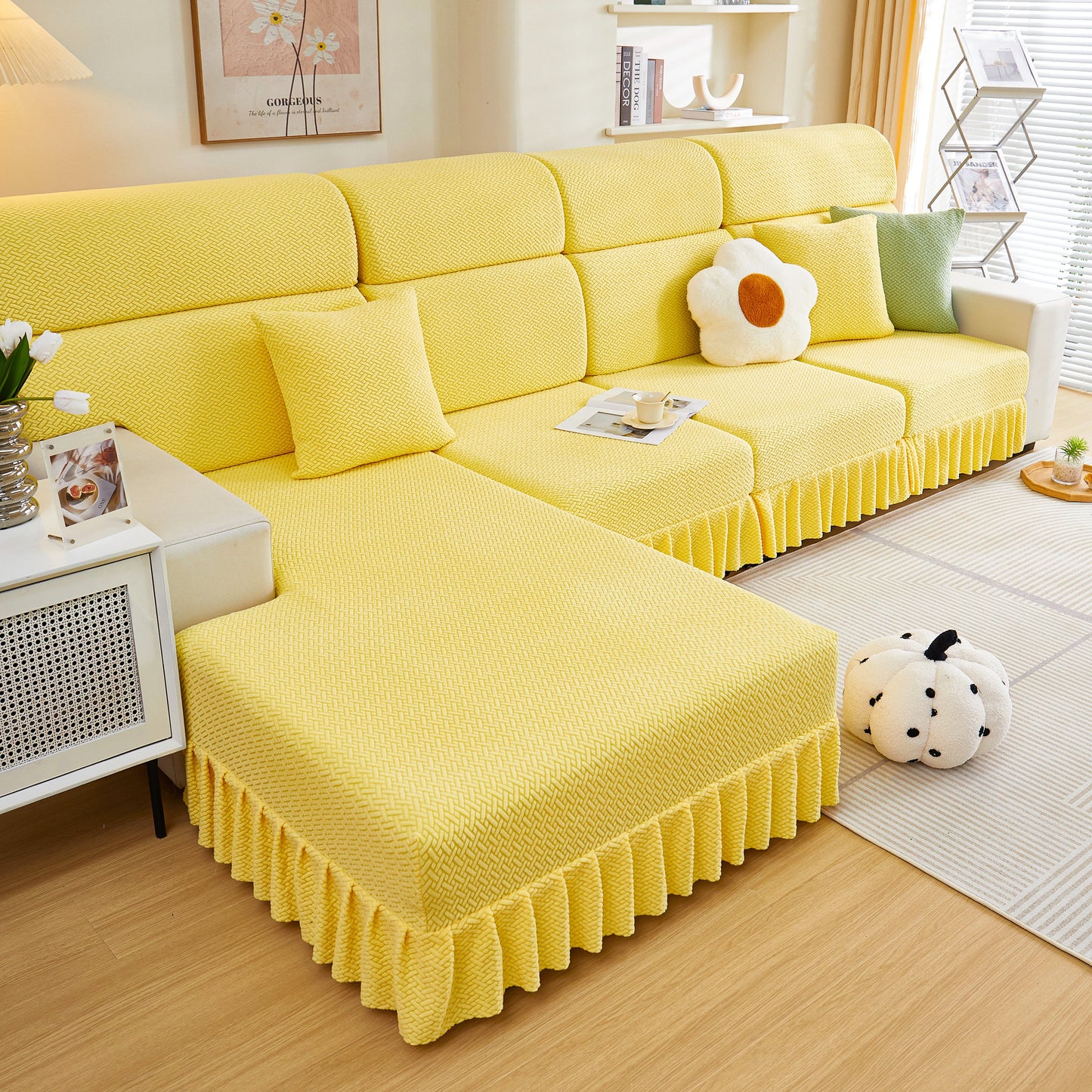Tailored Sofa Cushion Covers Stretch Couch Seat Covers with Skirt for Sectional Sofas in a stylish living room setting