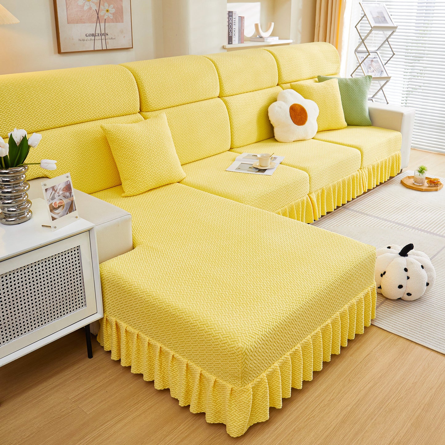 Tailored Sofa Cushion Covers Stretch Couch Seat Covers with Skirt for Sectional Sofas in a modern living room setting