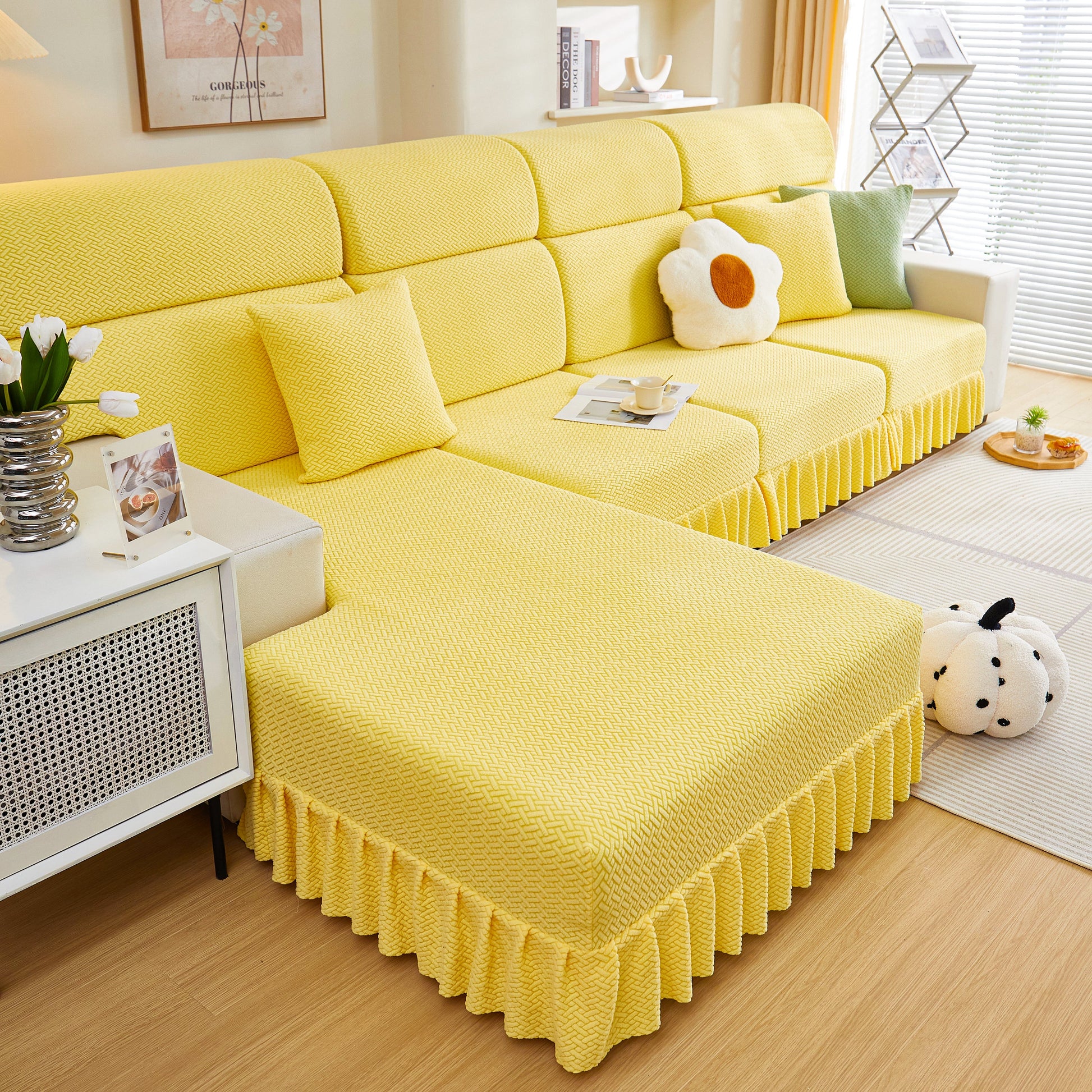 Tailored Sofa Cushion Covers Stretch Couch Seat Covers with Skirt for Sectional Sofas in a modern living room setting