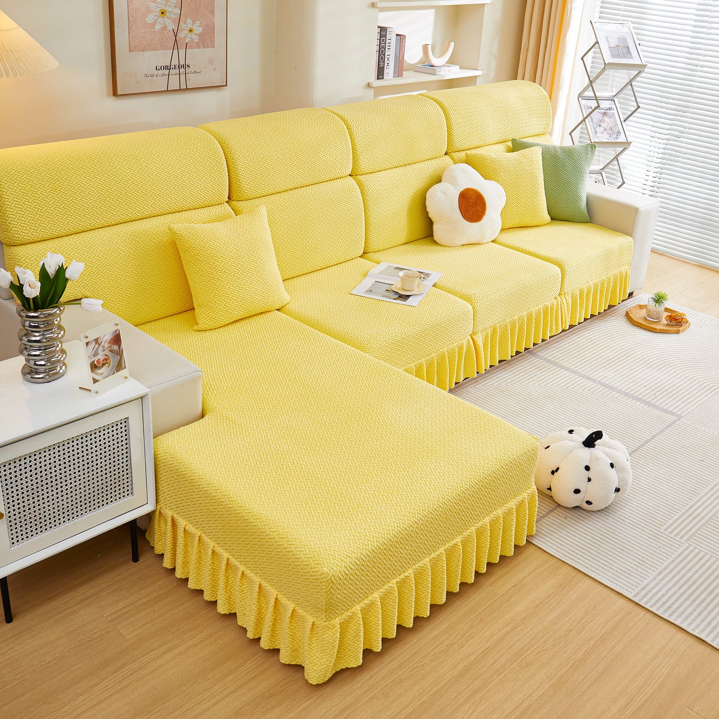 Tailored Sofa Cushion Covers Stretch Couch Seat Covers with Skirt for Sectional Sofas in yellow living room setting