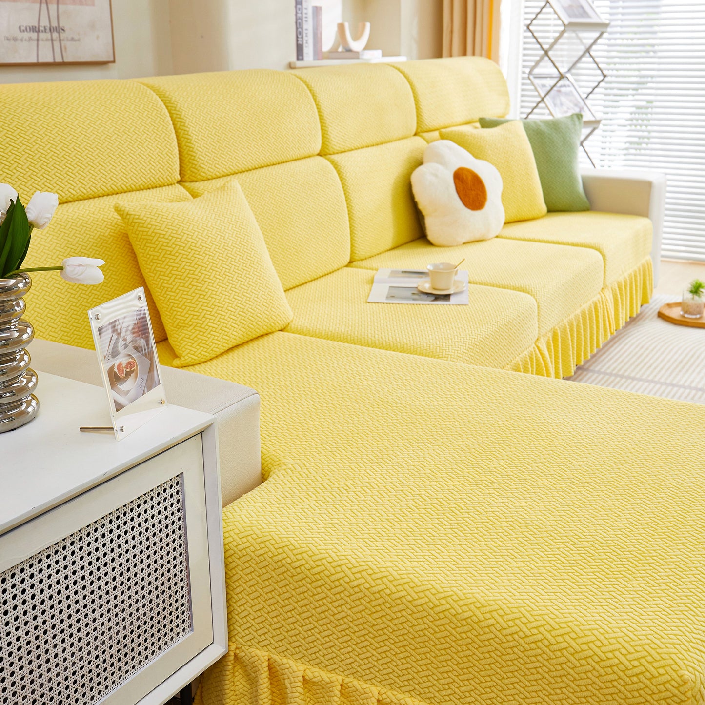 Tailored Sofa Cushion Covers Stretch Couch Seat Covers with Skirt for Sectional Sofas in yellow fabric