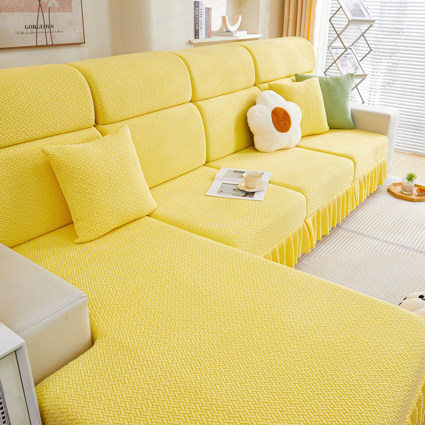Tailored Sofa Cushion Covers Stretch Couch Seat Covers with Skirt for Sectional Sofas in yellow with elegant design