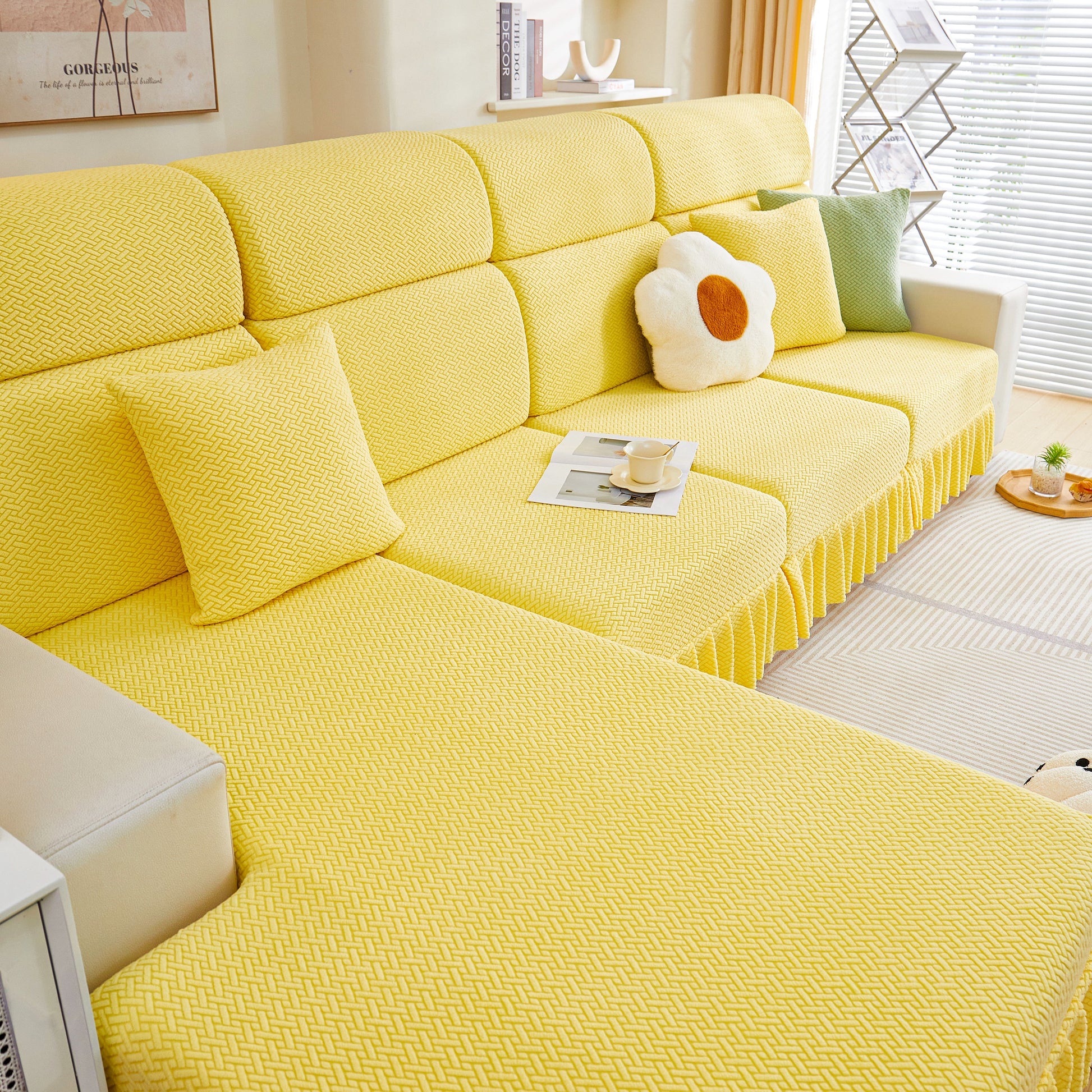 Tailored Sofa Cushion Covers Stretch Couch Seat Covers with Skirt for Sectional Sofas in yellow with elegant design