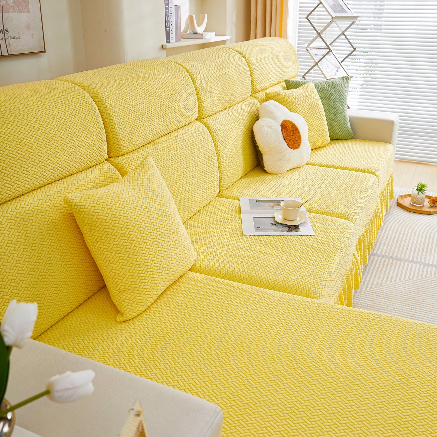 Yellow Tailored Sofa Cushion Covers Stretch Couch Seat Covers with Skirt for Sectional Sofas in a modern living room