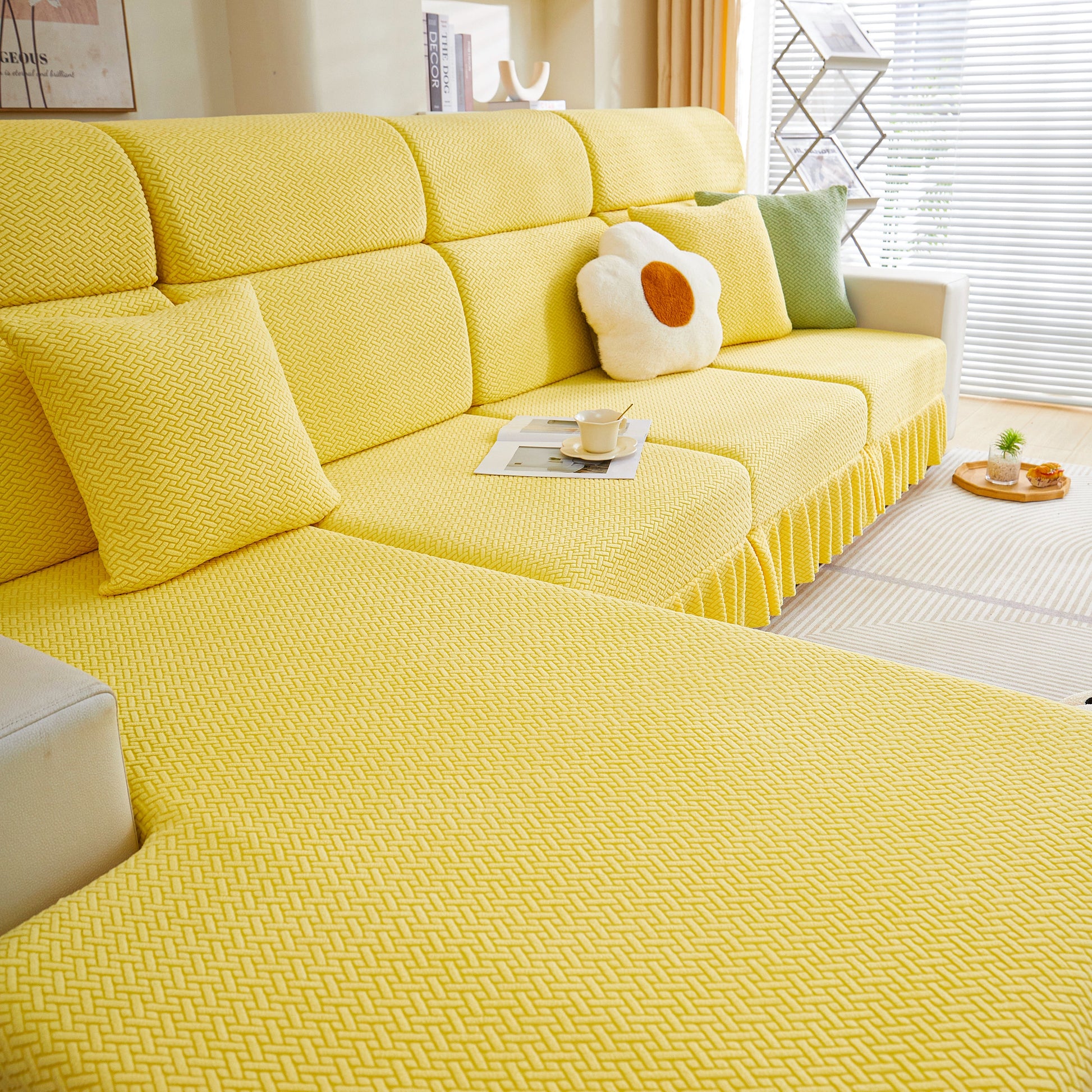 Tailored Sofa Cushion Covers Stretch Couch Seat Covers with Skirt for Sectional Sofas in yellow living room setup.