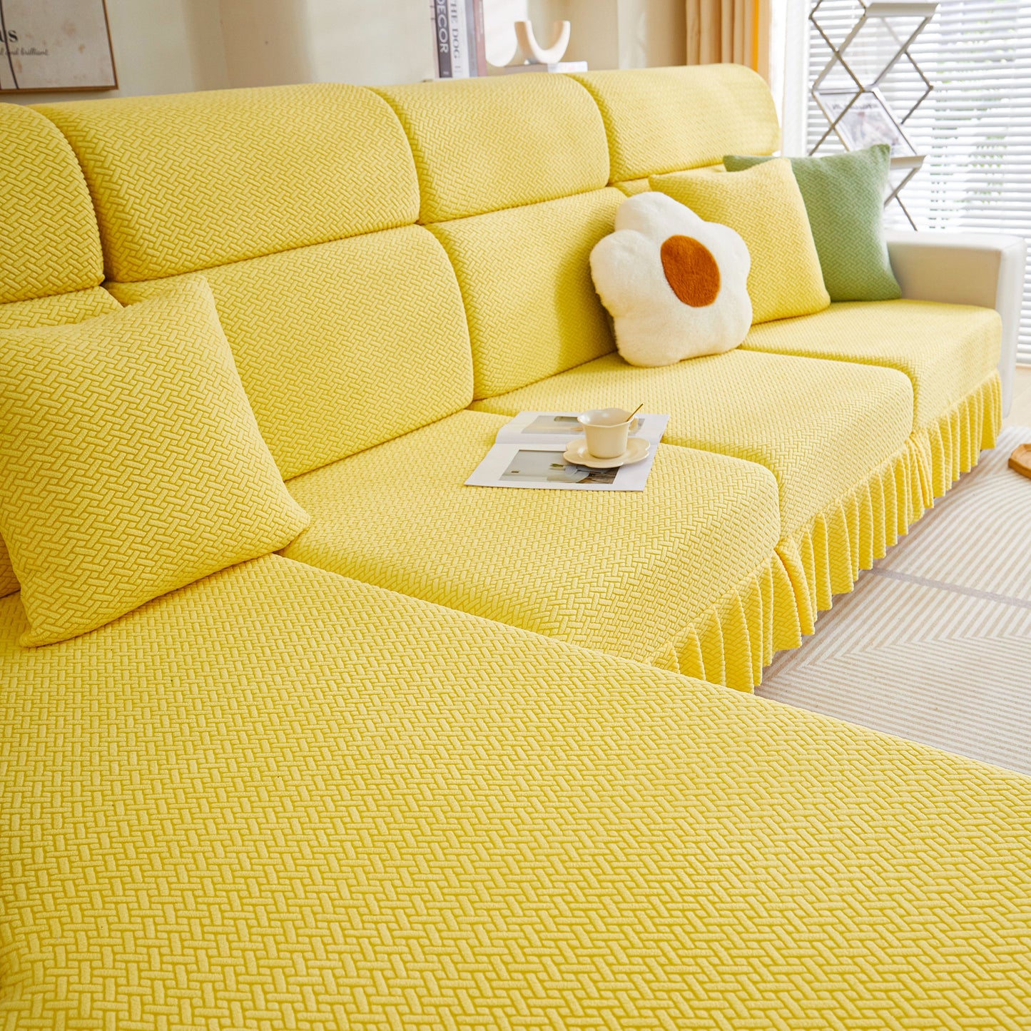 Tailored Sofa Cushion Covers Stretch Couch Seat Covers with Skirt for Sectional Sofas in yellow with pillows and elegant design
