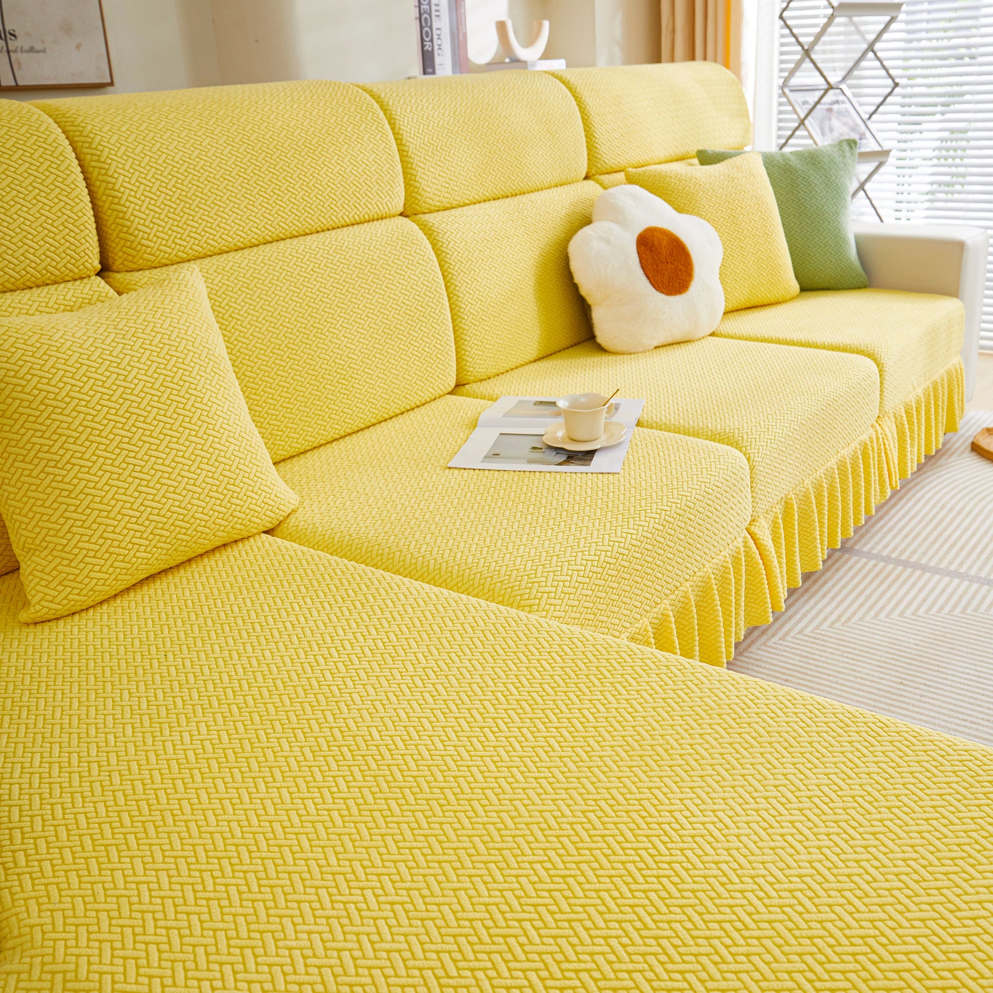 Tailored Sofa Cushion Covers Stretch Couch Seat Covers with Skirt for Sectional Sofas in yellow with pillows and elegant design