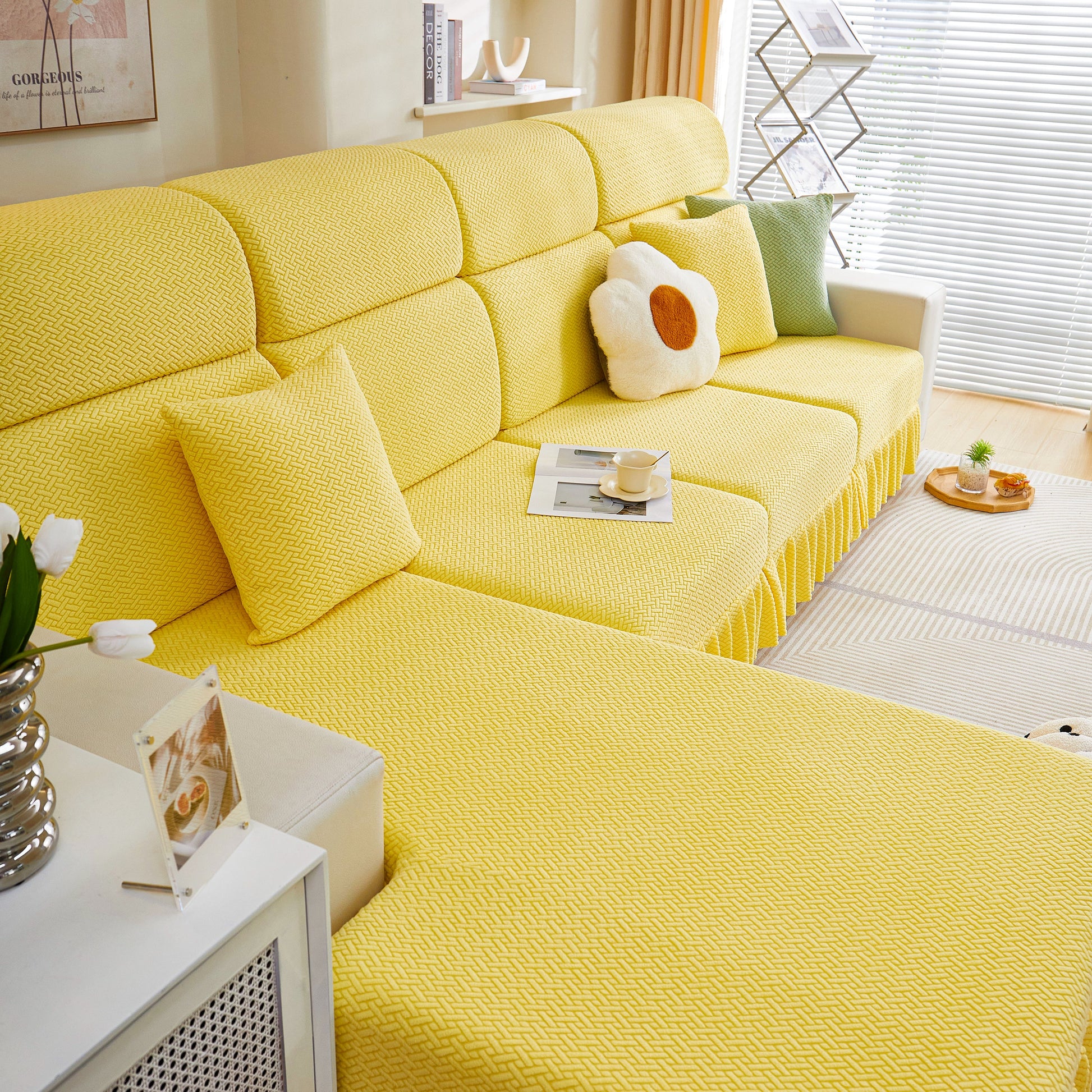Tailored Sofa Cushion Covers Stretch Couch Seat Covers with Skirt for Sectional Sofas in yellow fabric