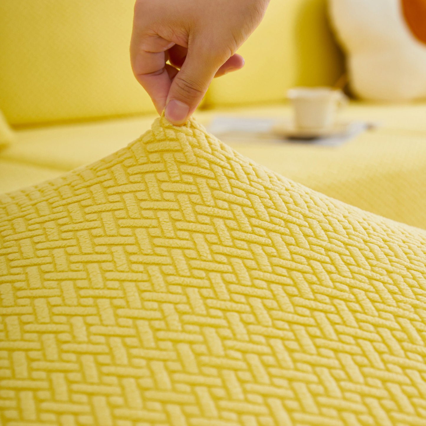Yellow Tailored Sofa Cushion Covers Stretch Couch Seat Covers with Skirt for Sectional Sofas fabric close-up