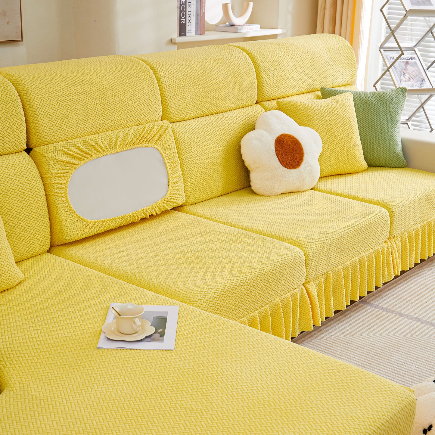 Tailored Sofa Cushion Covers Stretch Couch Seat Covers with Skirt for Sectional Sofas in stylish yellow fabric.
