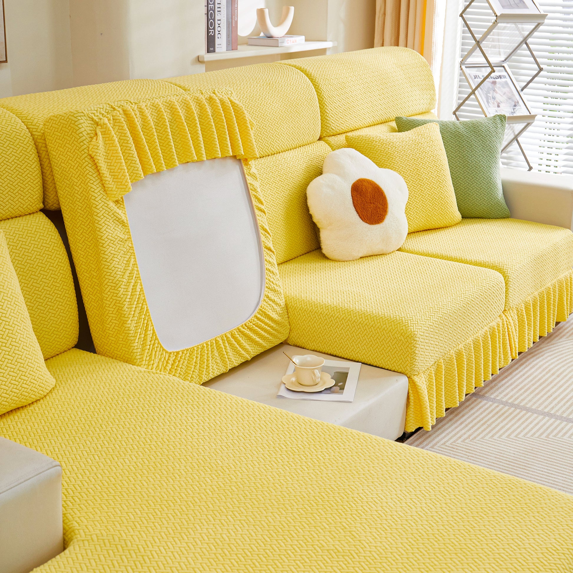 Tailored Sofa Cushion Covers Stretch Couch Seat Covers with Skirt for Sectional Sofas in yellow, adding elegance and style to living room.