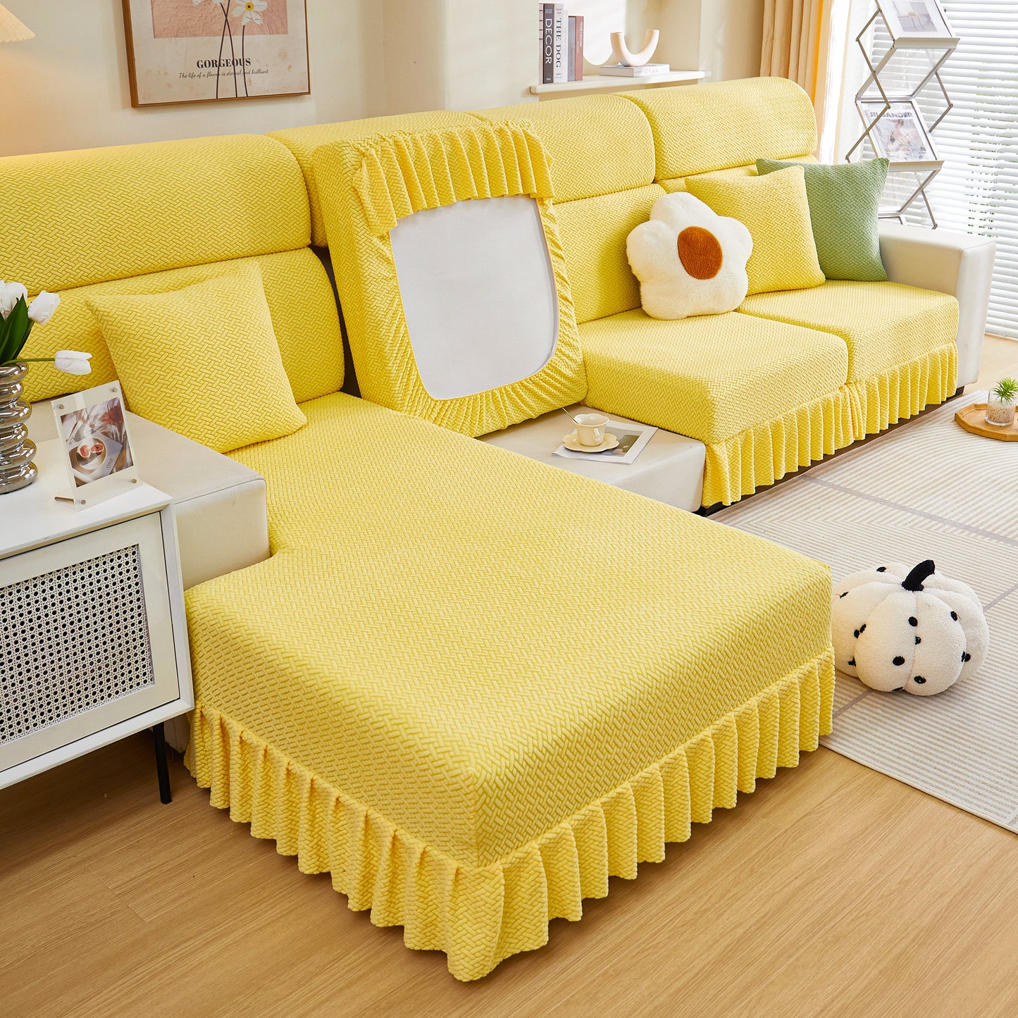 Yellow Tailored Sofa Cushion Covers Stretch Couch Seat Covers with Skirt for Sectional Sofas in living room setting