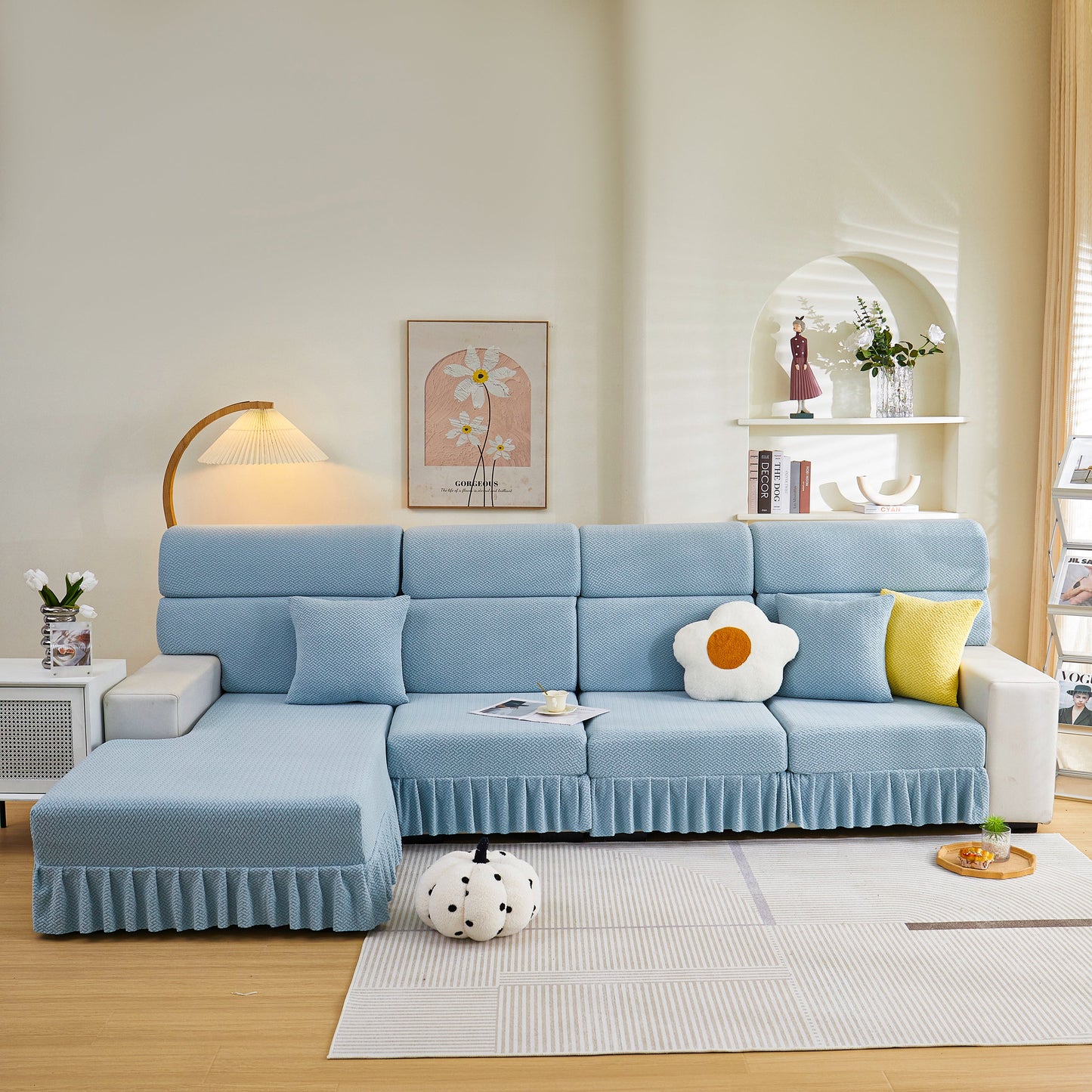 Elegant blue Tailored Sofa Cushion Covers Stretch Couch Seat Covers with Skirt for Sectional Sofas in a modern living room.