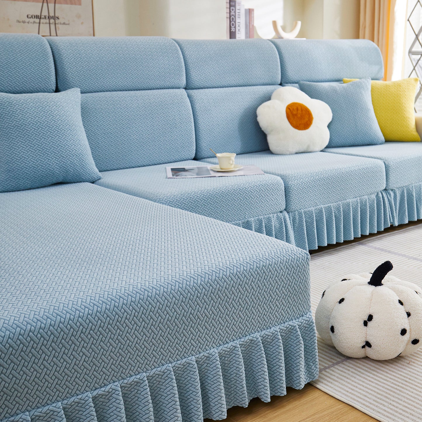 Tailored Sofa Cushion Covers Stretch Couch Seat Covers with Skirt for Sectional Sofas in soft blue, showcasing premium polar fleece.