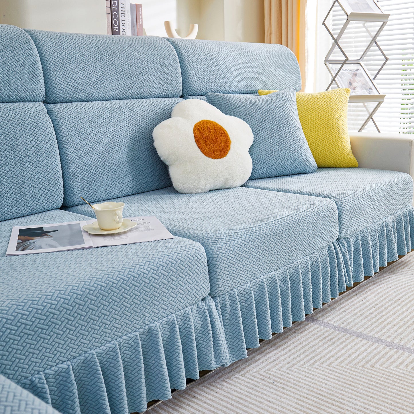 Tailored Sofa Cushion Covers Stretch Couch Seat Covers with Skirt for Sectional Sofas in blue fabric
