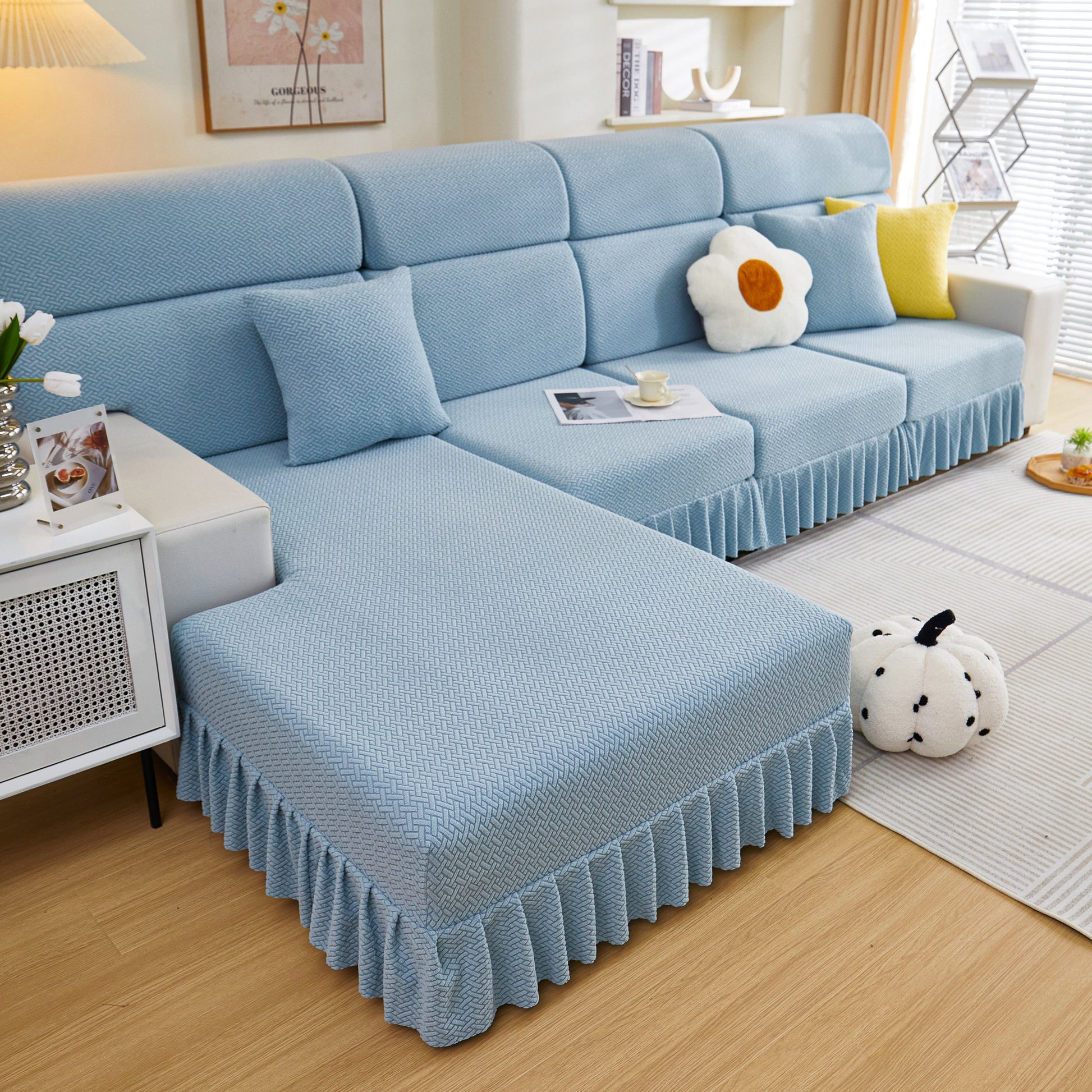 Tailored Sofa Cushion Covers Stretch Couch Seat Covers with Skirt for Sectional Sofas in blue living room setting