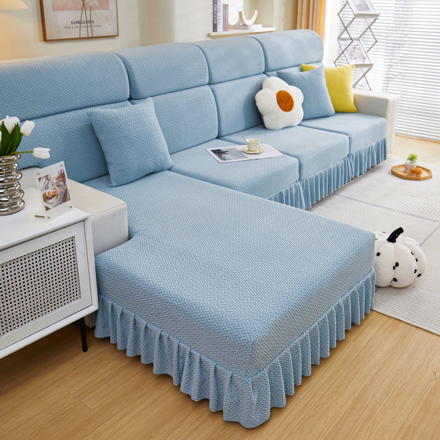 Tailored Sofa Cushion Covers Stretch Couch Seat Covers with Skirt for Sectional Sofas in a living room setting