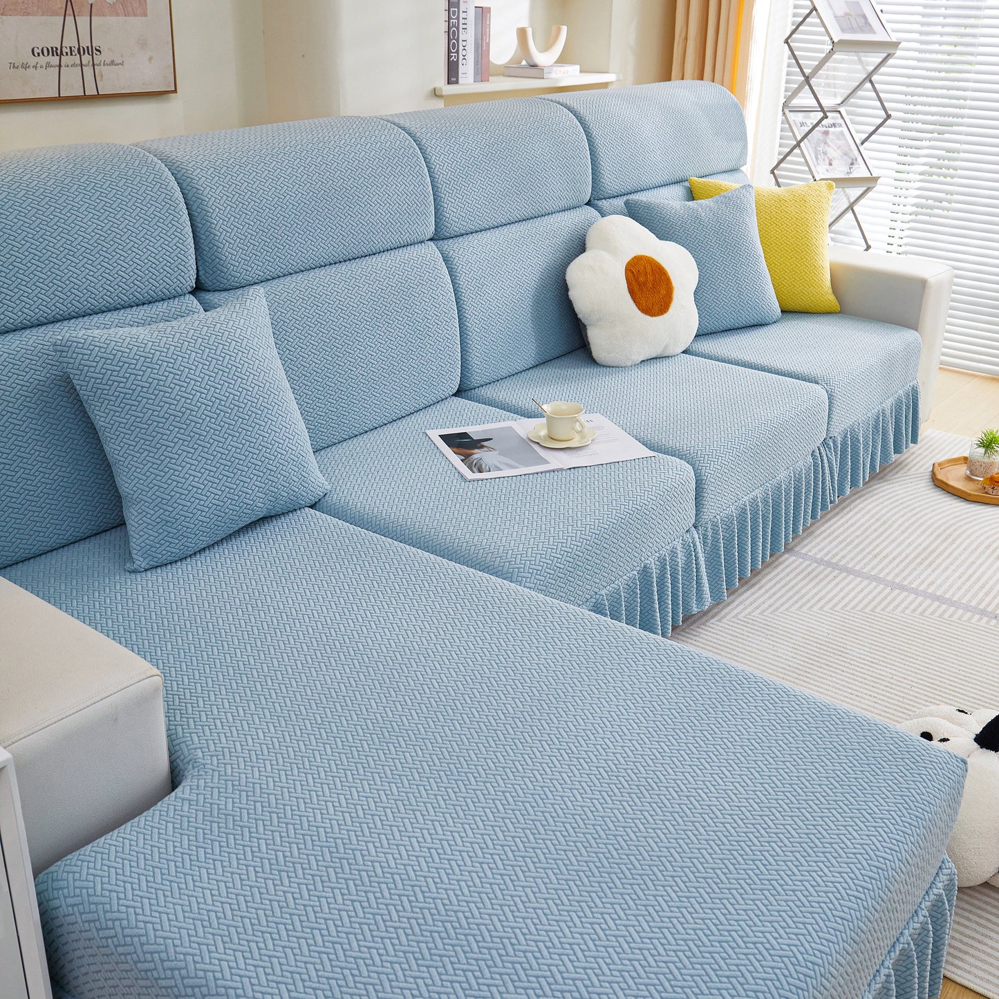 Tailored Sofa Cushion Covers Stretch Couch Seat Covers with Skirt for Sectional Sofas in a living room setting
