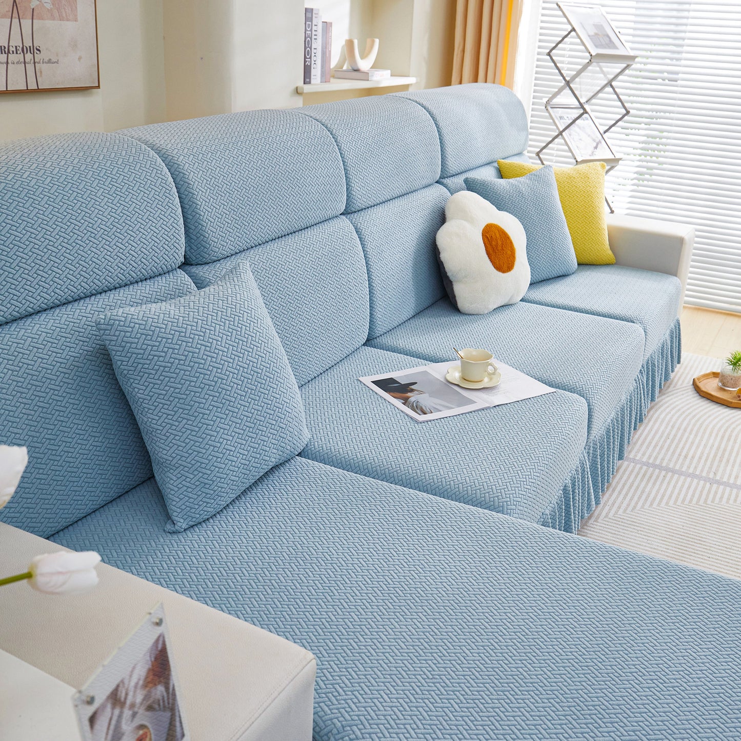 Cozy living room with tailored sofa cushion covers stretch couch seat covers with skirt for sectional sofas in blue.