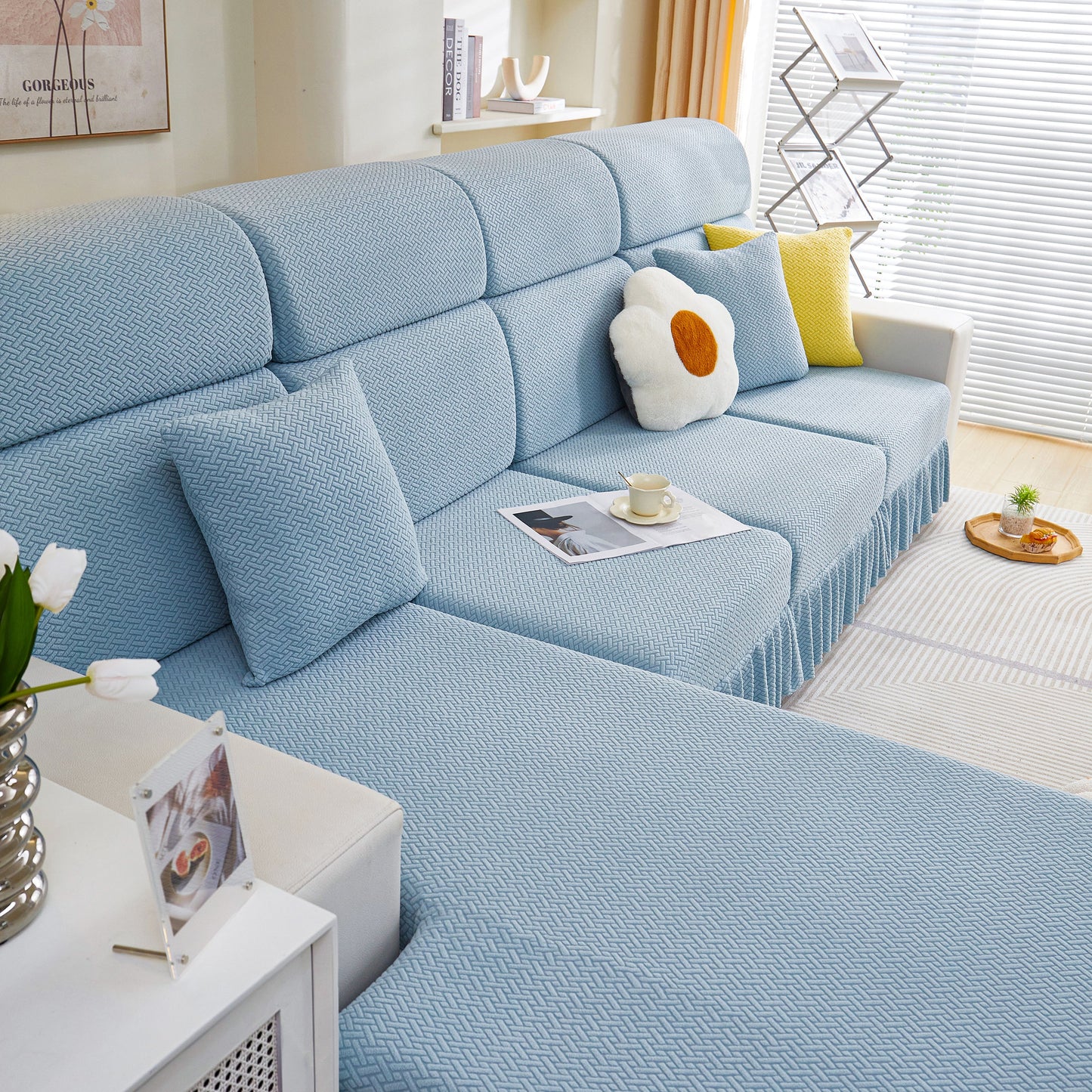 Tailored Sofa Cushion Covers Stretch Couch Seat Covers with Skirt for Sectional Sofas in blue on a modern couch