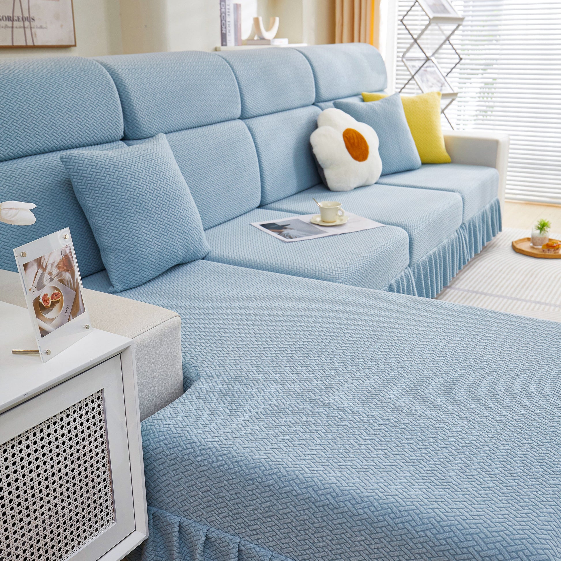 Tailored Sofa Cushion Covers Stretch Couch Seat Covers with Skirt for Sectional Sofas in blue fabric adding elegance to living room decor