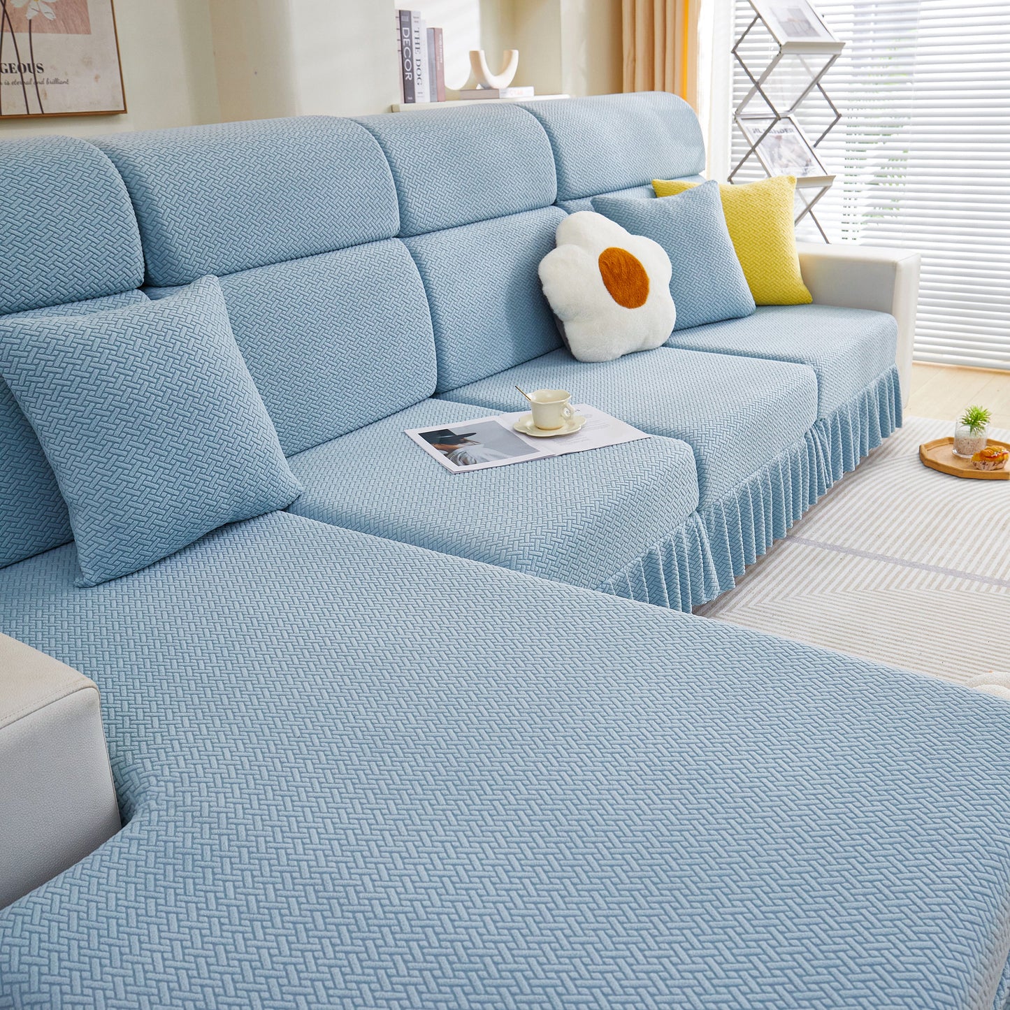 Tailored Sofa Cushion Covers Stretch Couch Seat Covers with Skirt for Sectional Sofas in a cozy living room setting.