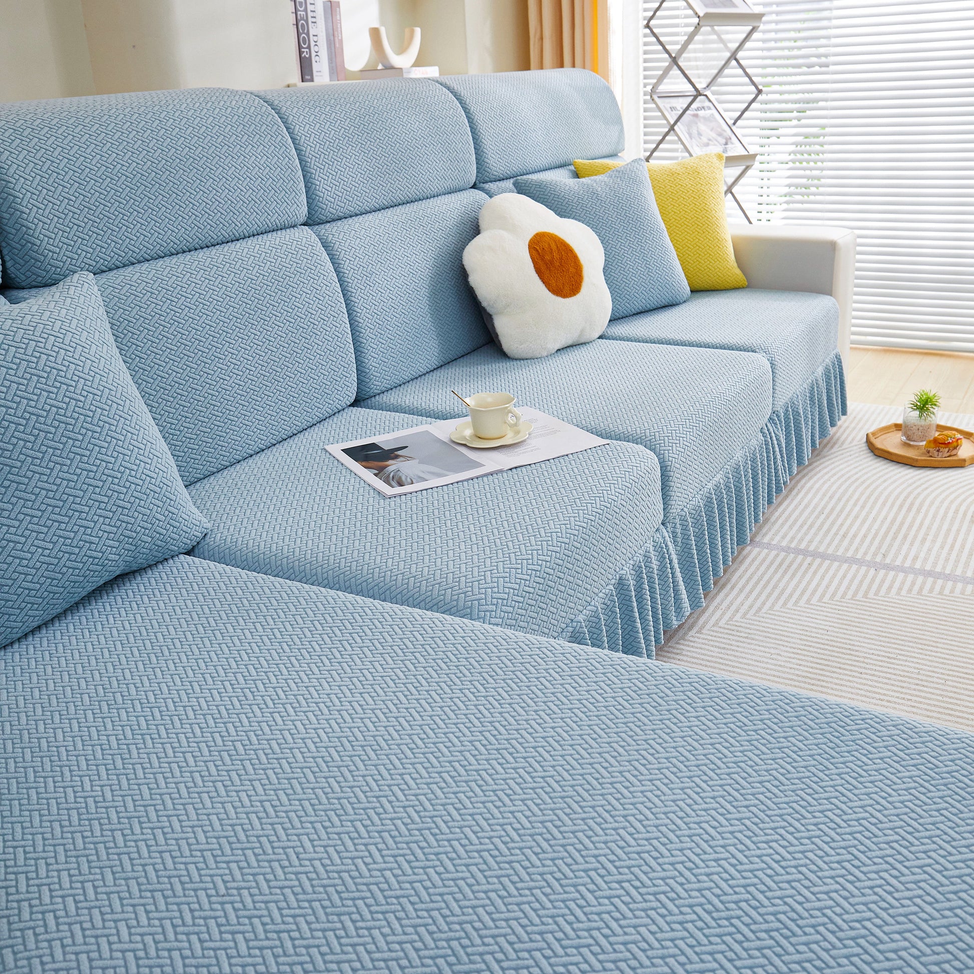 Tailored Sofa Cushion Covers Stretch Couch Seat Covers with Skirt for Sectional Sofas in blue fabric decor