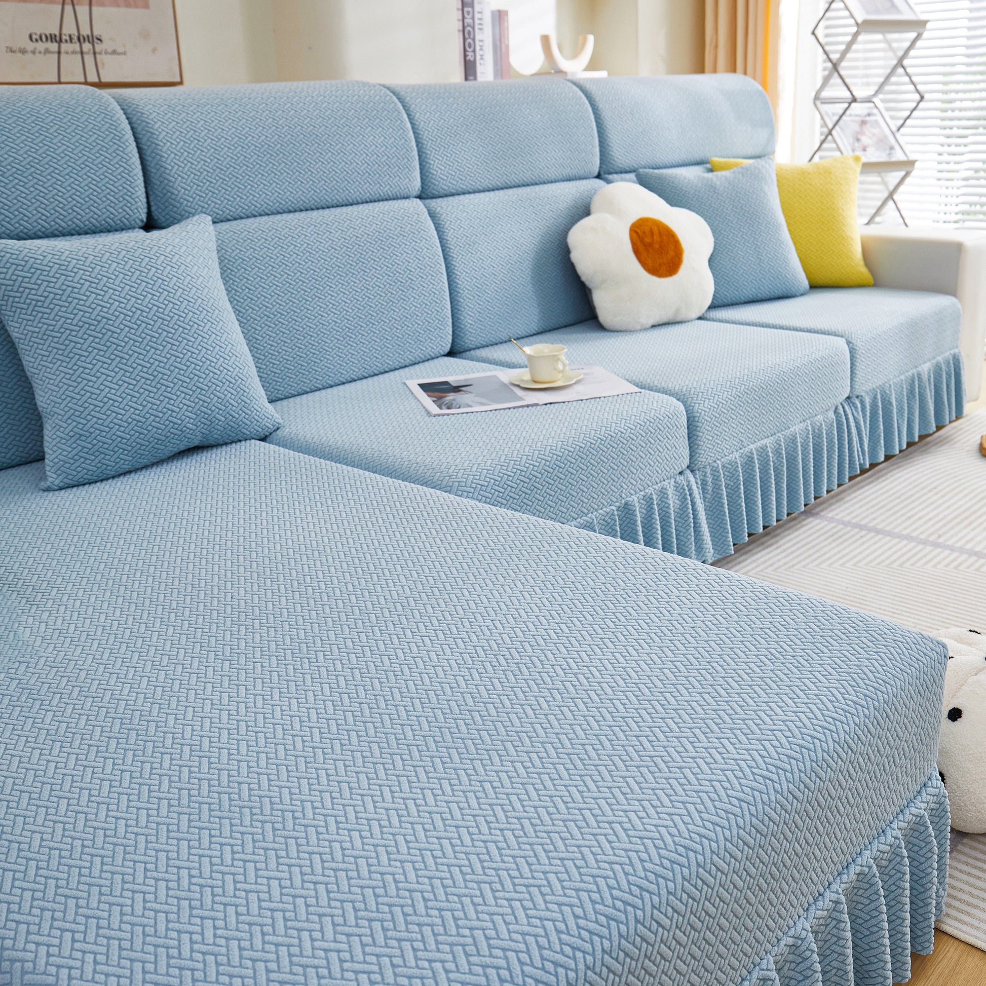 Tailored Sofa Cushion Covers Stretch Couch Seat Covers with Skirt for Sectional Sofas in blue