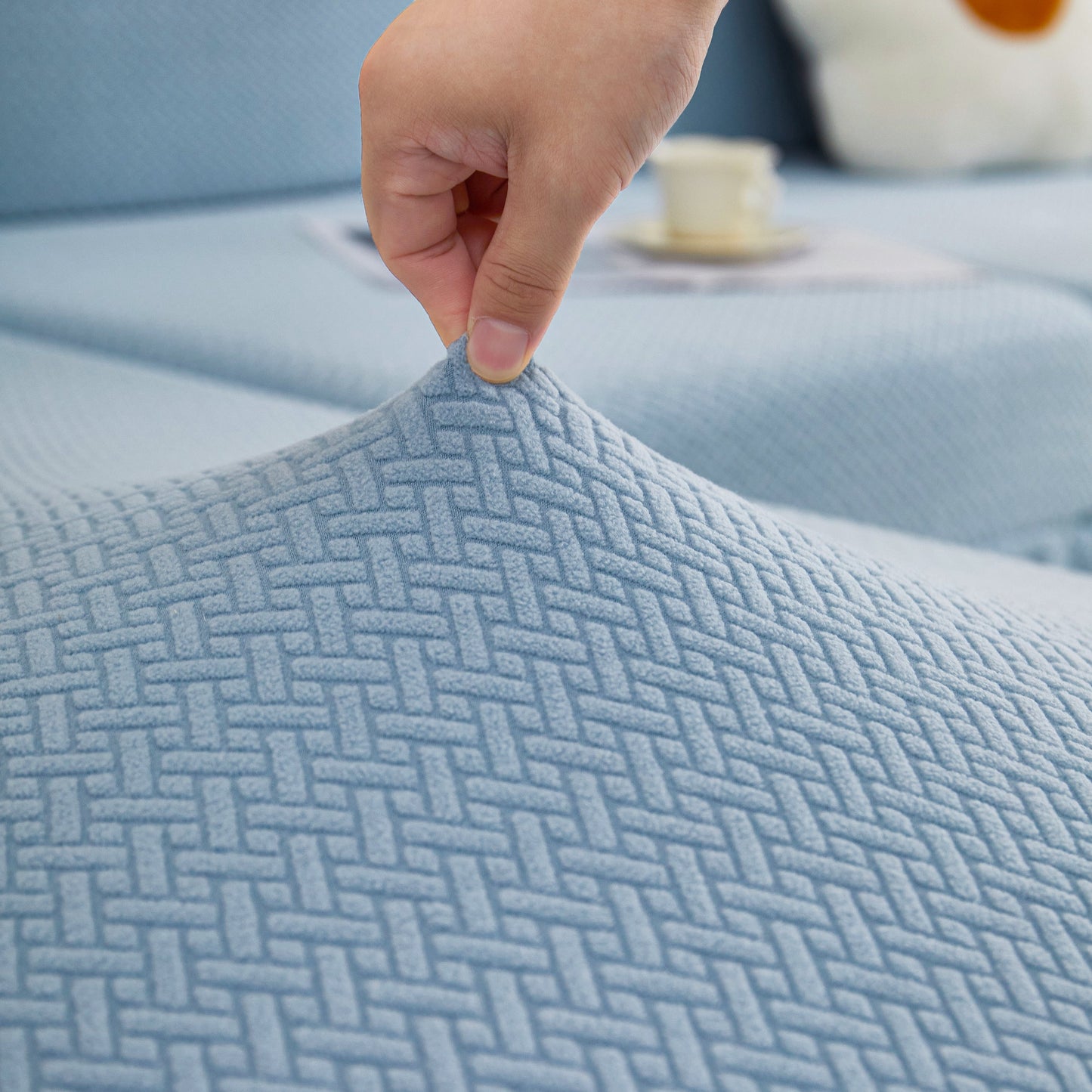 Close-up of Tailored Sofa Cushion Covers Stretch Couch Seat Covers with Skirt for Sectional Sofas in blue pattern fabric