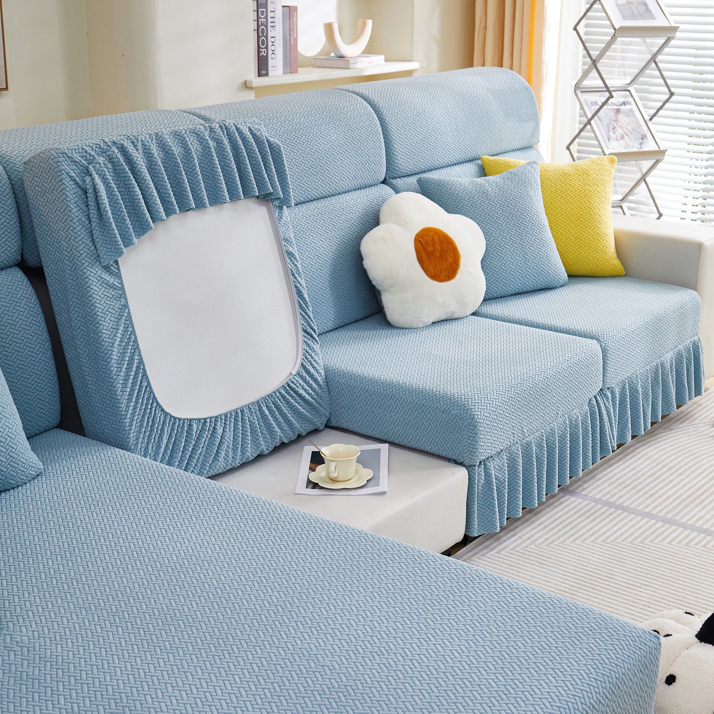 Tailored Sofa Cushion Covers Stretch Couch Seat Covers with Skirt for Sectional Sofas in elegant blue design