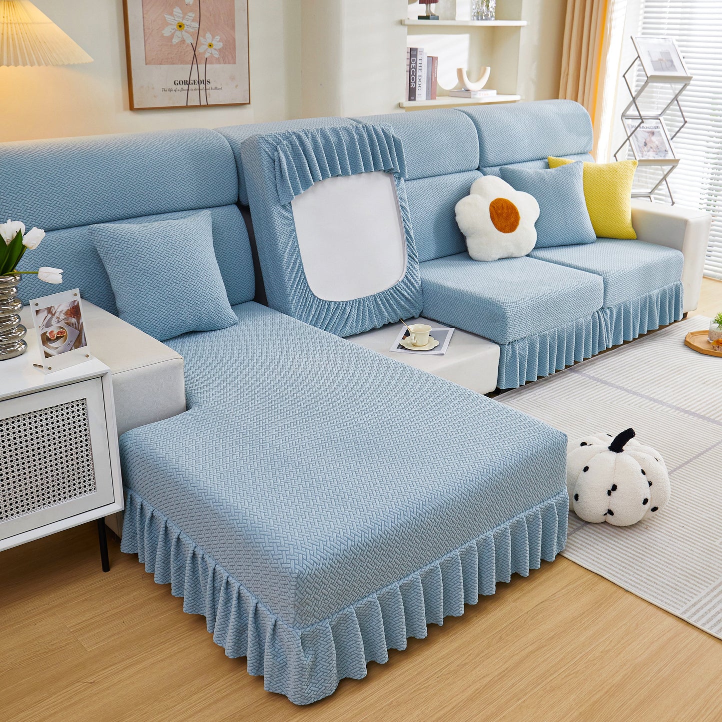 Tailored Sofa Cushion Covers Stretch Couch Seat Covers with Skirt for Sectional Sofas in a modern living room setting