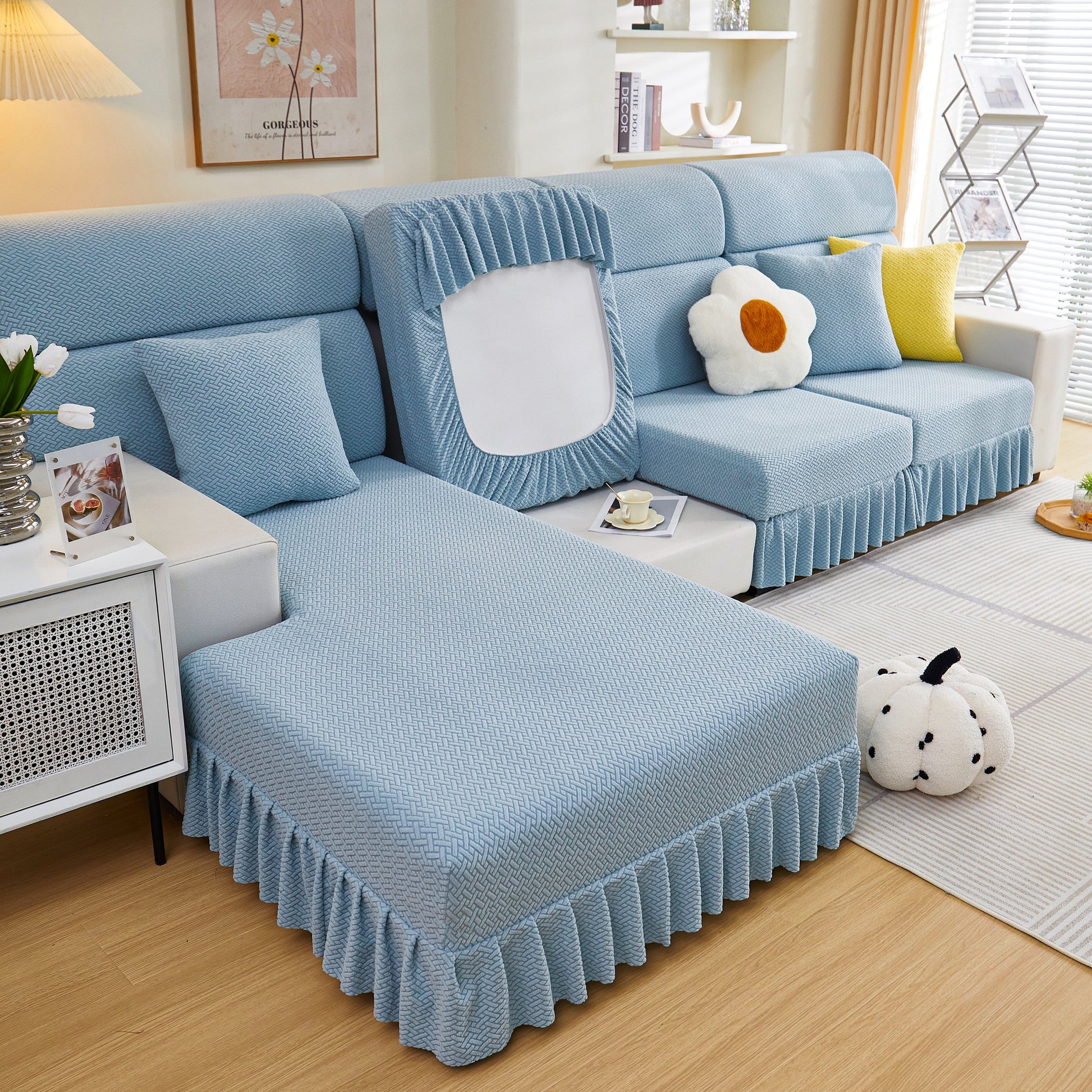 Tailored Sofa Cushion Covers Stretch Couch Seat Covers with Skirt for Sectional Sofas in a modern living room setting