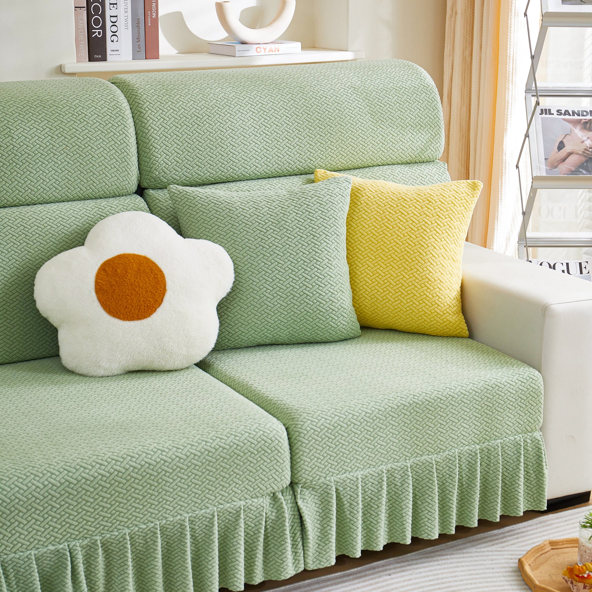 Tailored Sofa Cushion Covers Stretch Couch Seat Covers with Skirt for Sectional Sofas in living room setting.