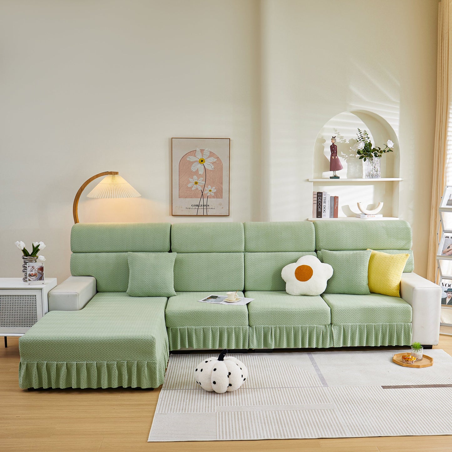 Tailored Sofa Cushion Covers Stretch Couch Seat Covers with Skirt for Sectional Sofas in elegant green with decorative pillows