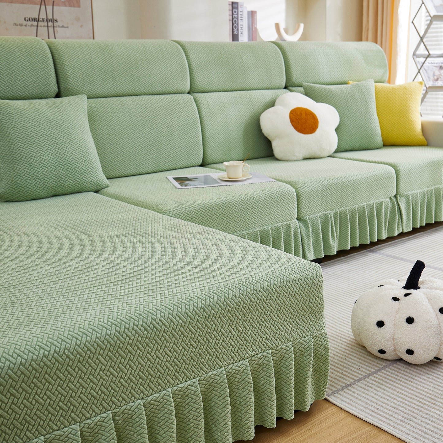 Tailored Sofa Cushion Covers Stretch Couch Seat Covers with Skirt for Sectional Sofas in a living room setting.