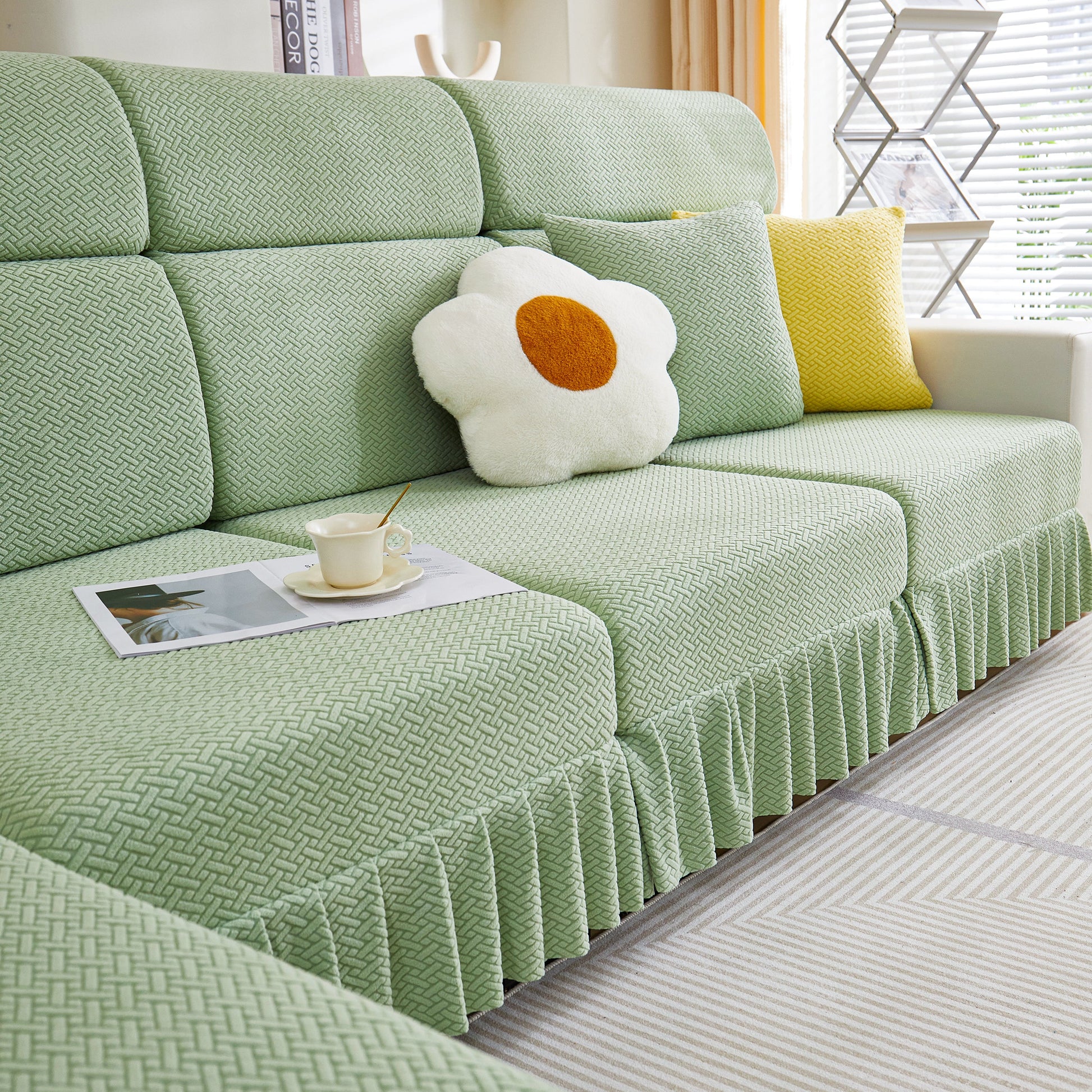 Tailored Sofa Cushion Covers Stretch Couch Seat Covers with Skirt for Sectional Sofas in a living room setting