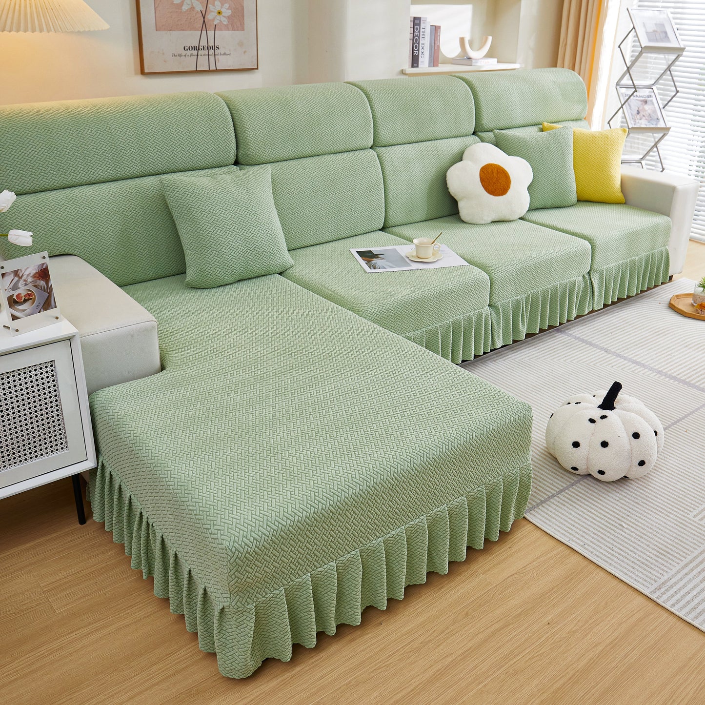 Tailored Sofa Cushion Covers Stretch Couch Seat Covers with Skirt for Sectional Sofas in green living room.