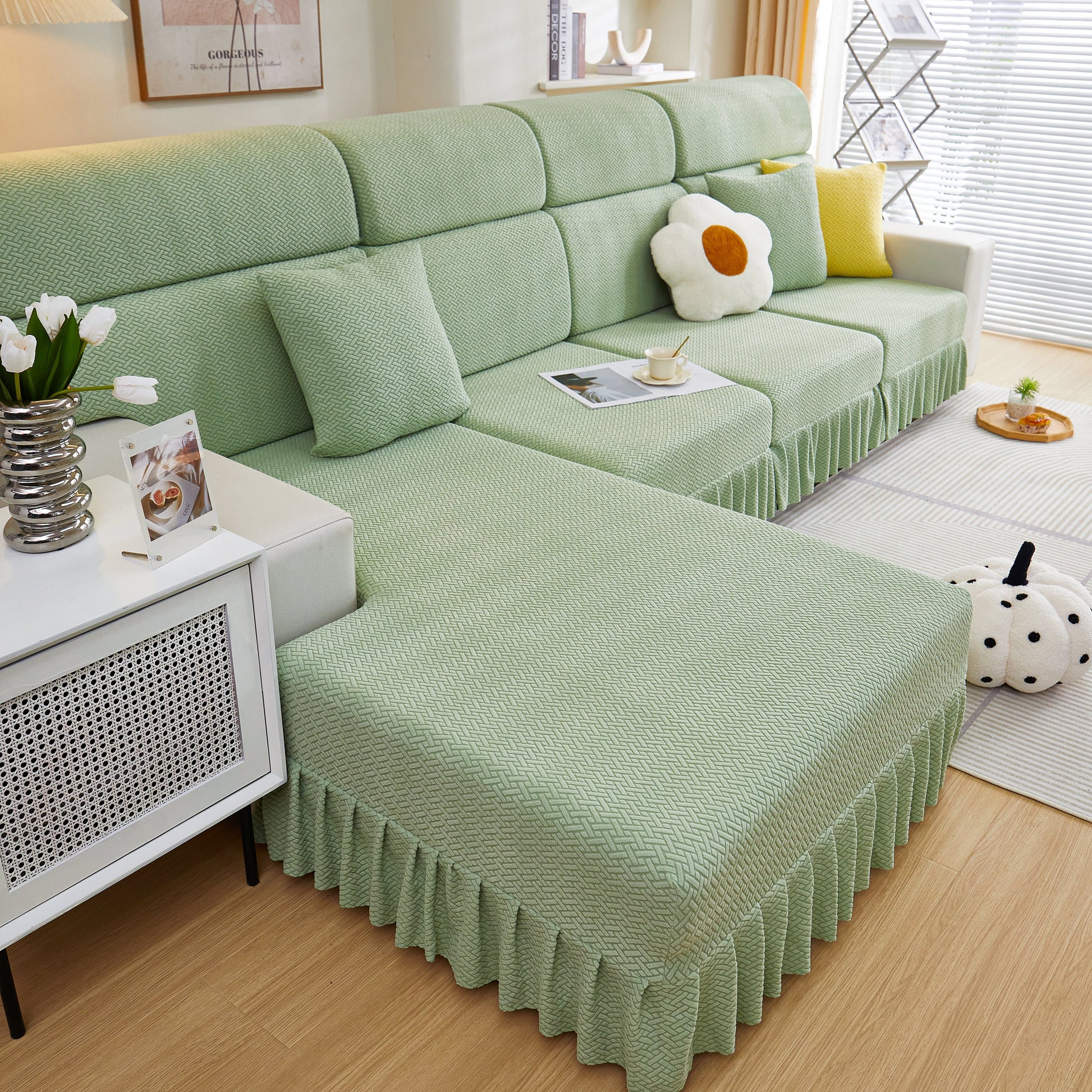 Tailored Sofa Cushion Covers Stretch Couch Seat Covers with Skirt for Sectional Sofas in a modern living room