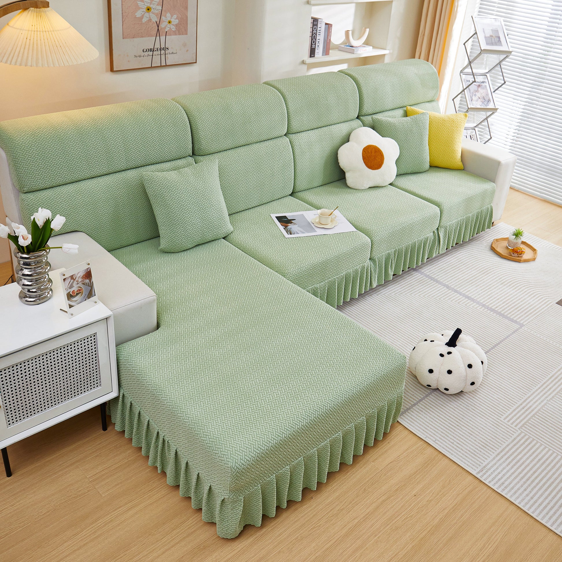 Tailored Sofa Cushion Covers Stretch Couch Seat Covers with Skirt for Sectional Sofas in stylish living room