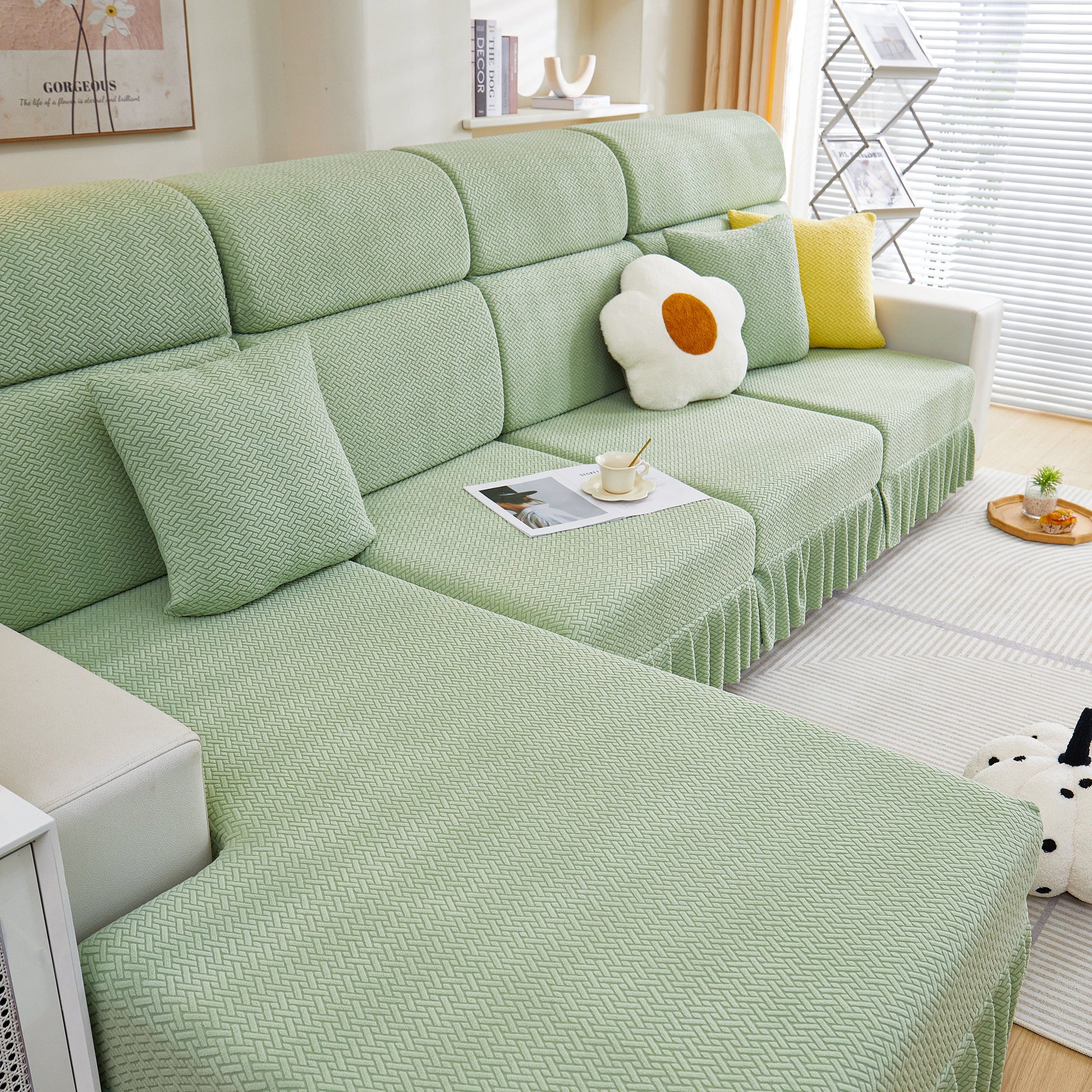 Tailored Sofa Cushion Covers Stretch Couch Seat Covers with Skirt for Sectional Sofas in a modern living room setting.