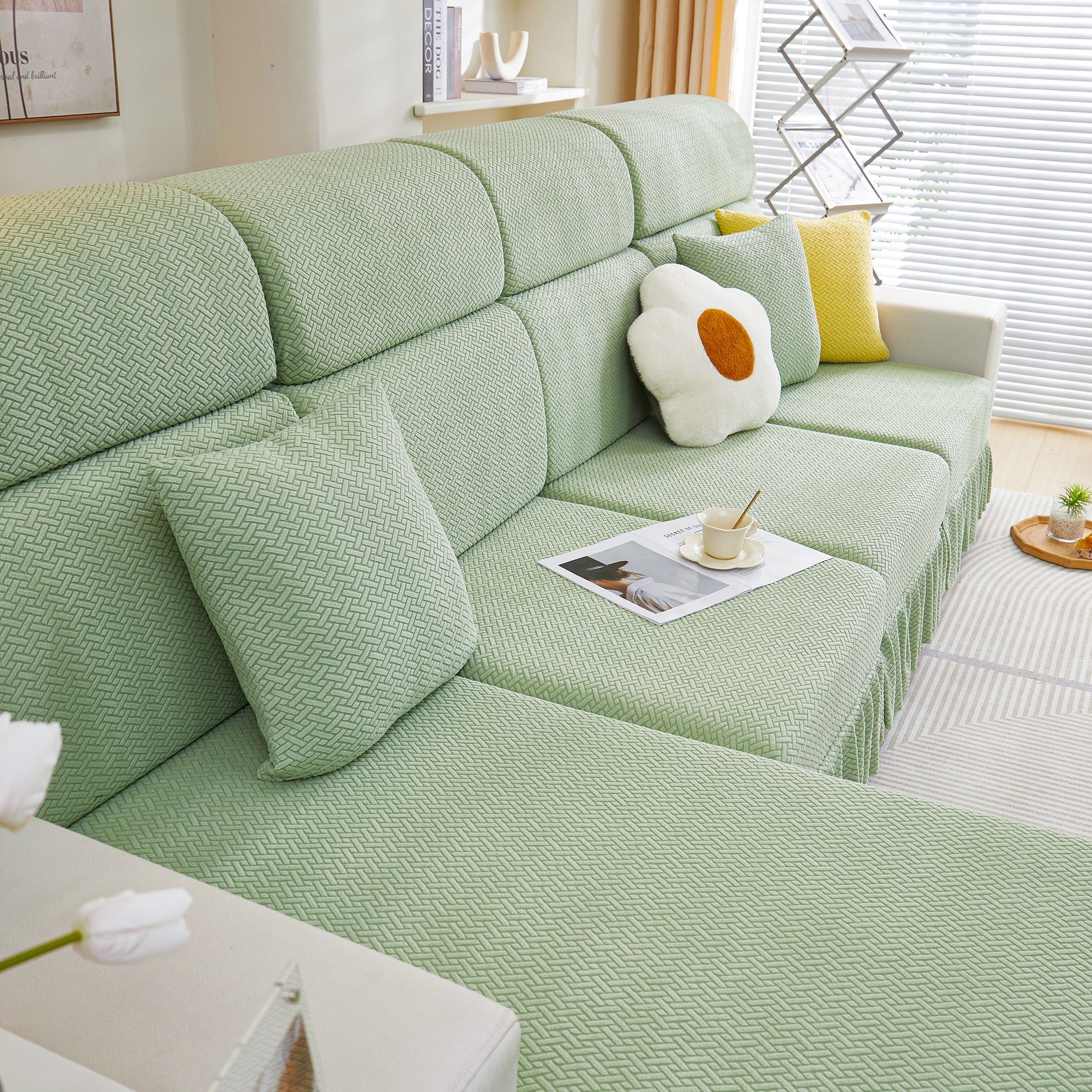 Tailored Sofa Cushion Covers Stretch Couch Seat Covers with Skirt for Sectional Sofas in light green with decorative pillow