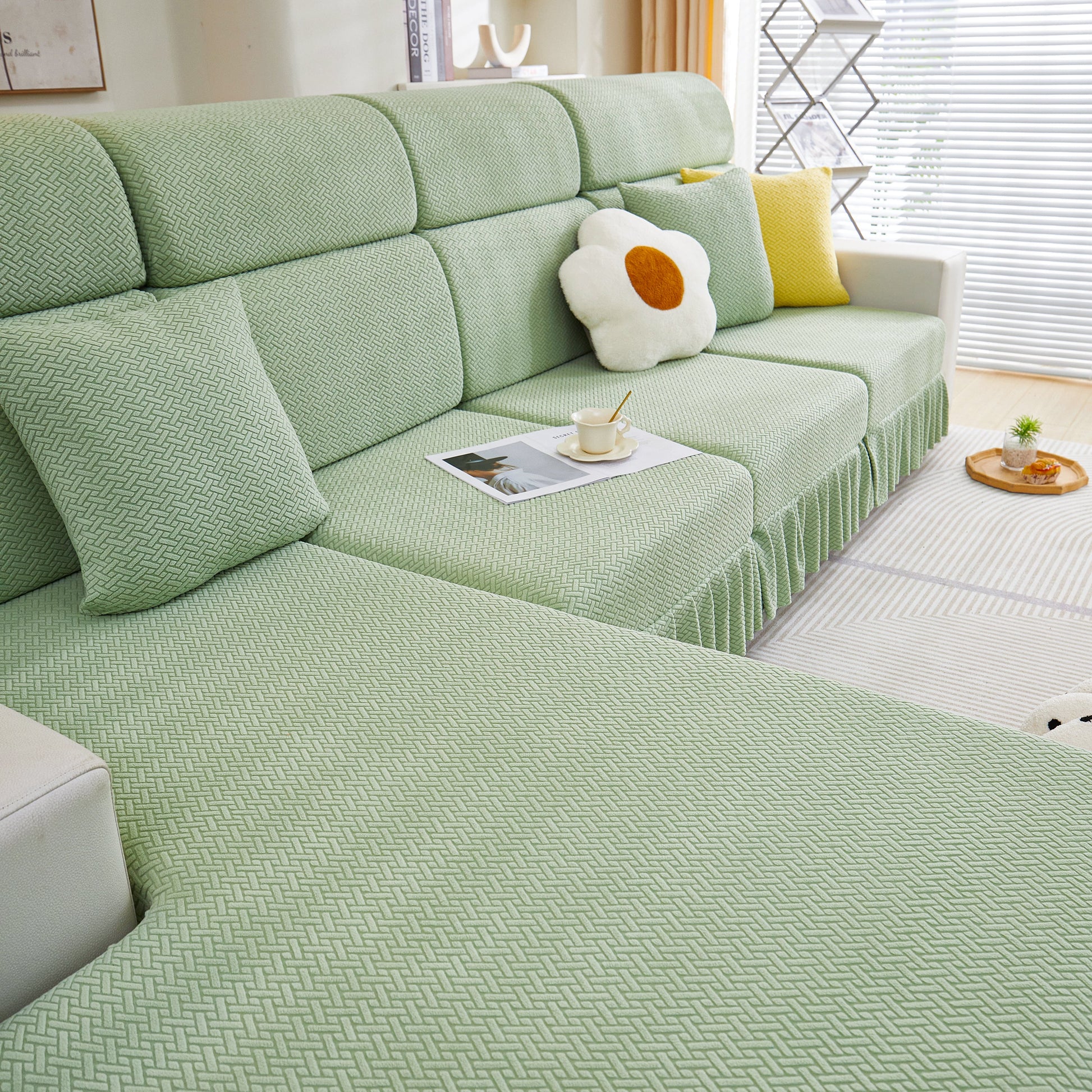 Tailored Sofa Cushion Covers Stretch Couch Seat Covers with Skirt for Sectional Sofas in green living room setting